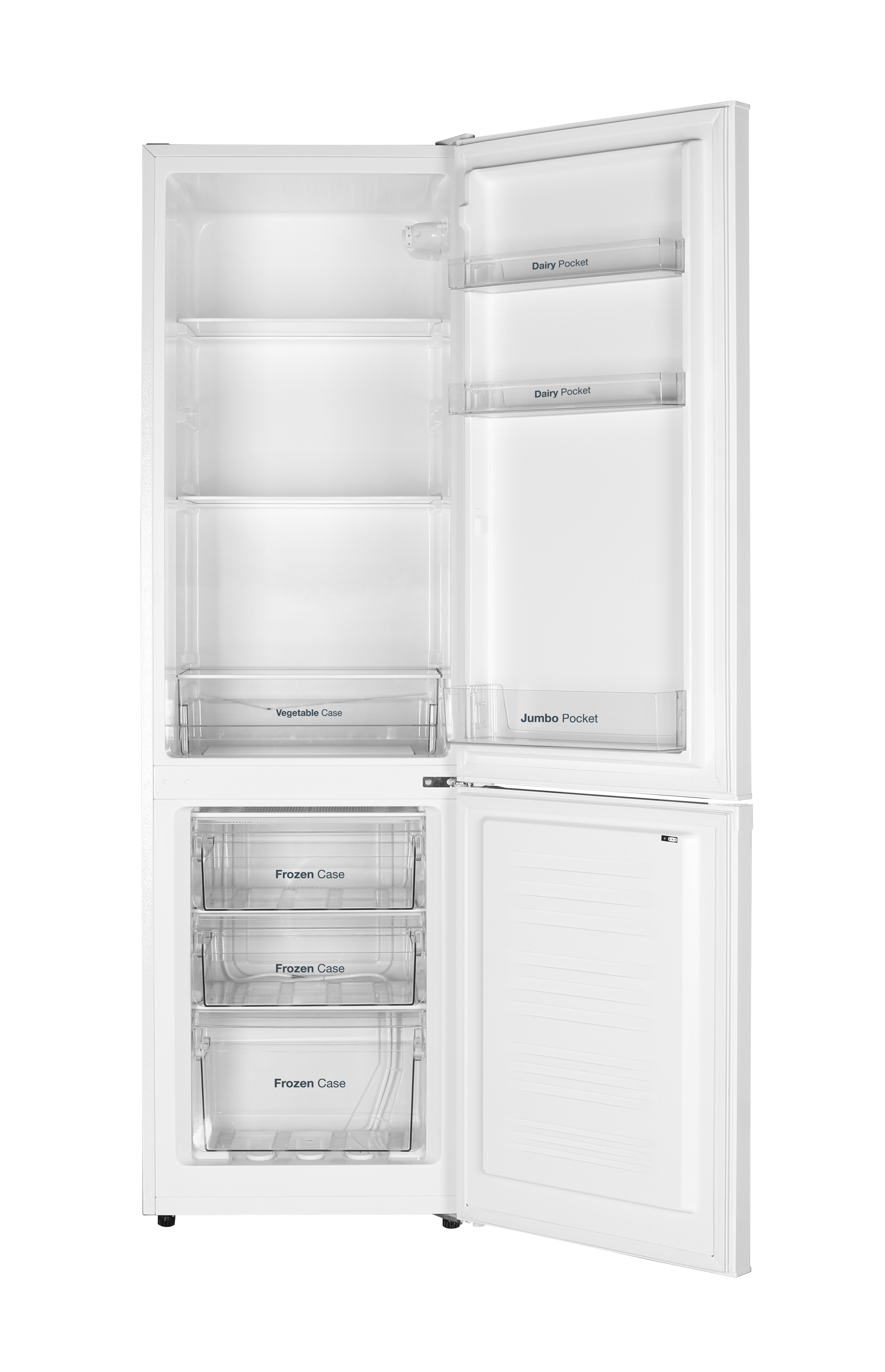 Un refrigerador blanco vacío con puertas, estantes y cajones abiertos.