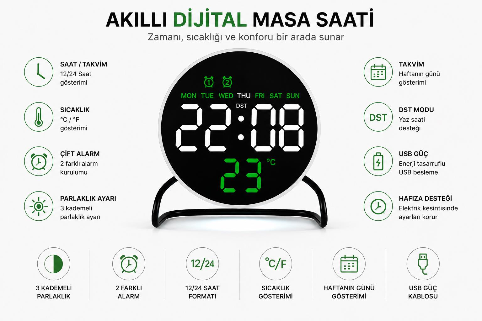 Zaman, sıcaklık, alarmlar, parlaklık, takvim ve USB özelliklerini gösteren dijital masa saati.