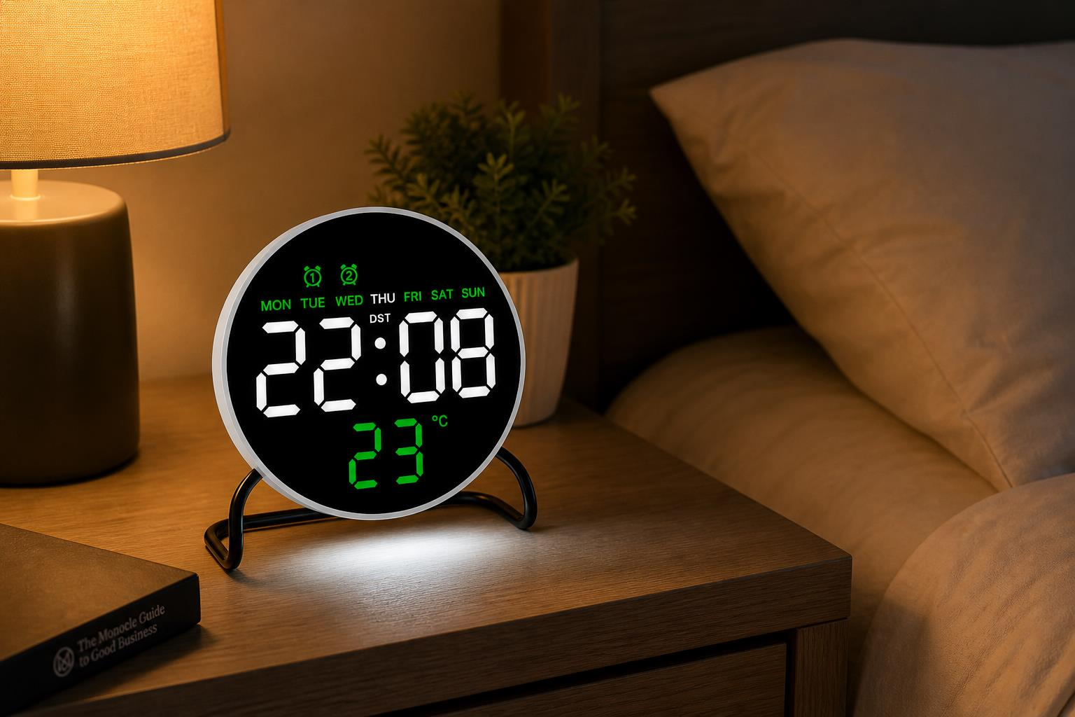 Dijital saat, kitap ve lamba yanında 22:08 ve 23°C gösteriyor.