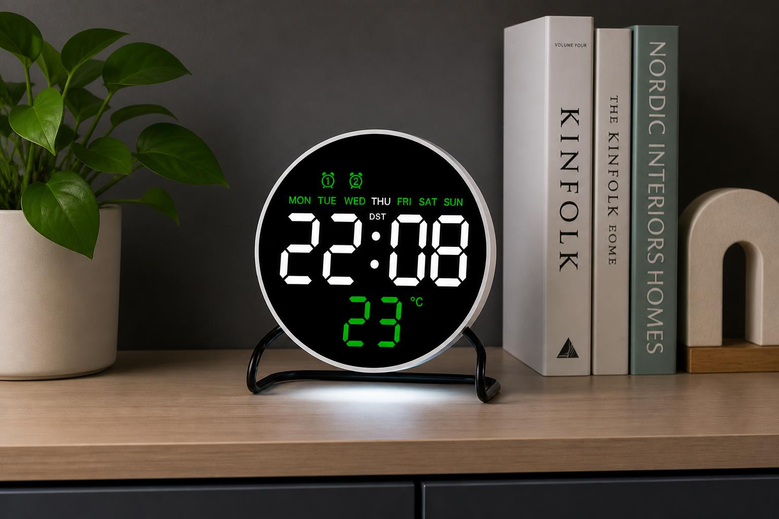 Dijital saat 22:08 ve 23°C gösteriyor, kitaplar ve bitkinin yanında.