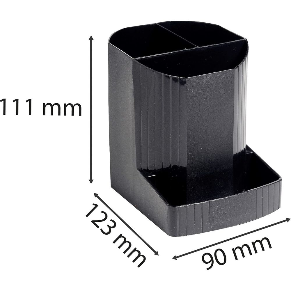 Organizer nero con tre scomparti e vassoio. Dimensioni 111x123x90mm.