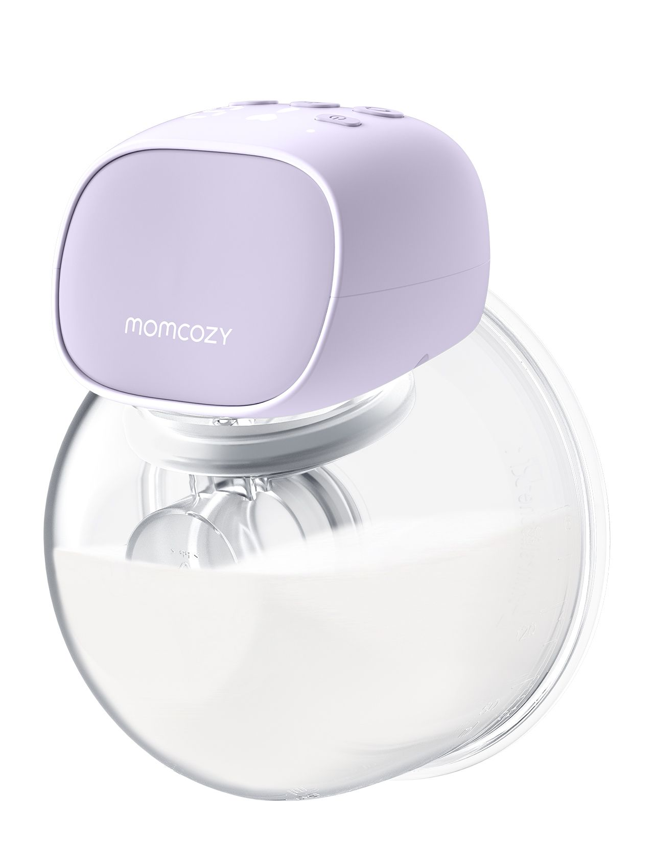 Lawendowy element laktatora z logo "momcozy" na szklanym pojemniku z mlekiem.