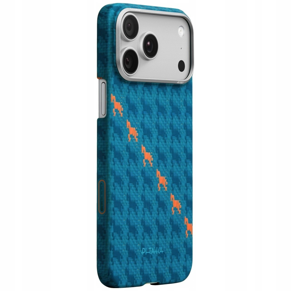 Niebieskie etui na telefon w pepitkę z pomarańczowymi psami.
