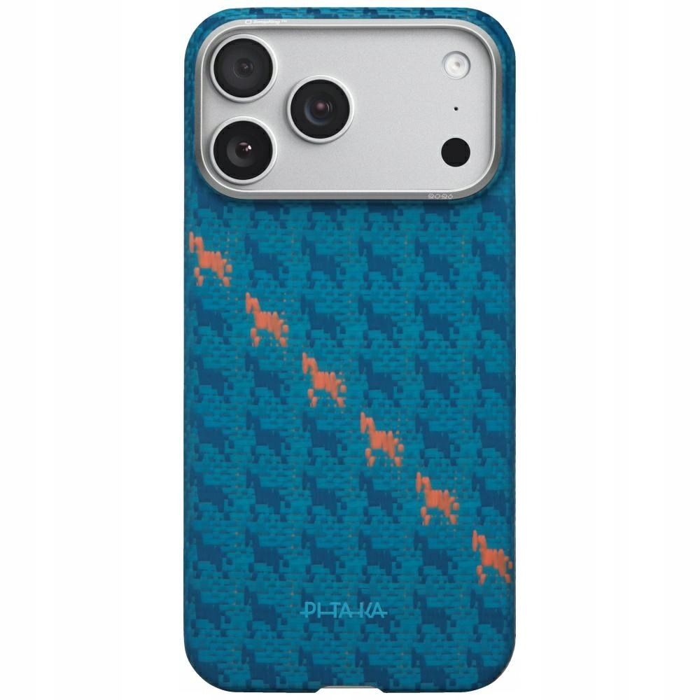 Etui na iPhone z niebieskim wzorem w jodełkę i pomarańczowymi końmi.