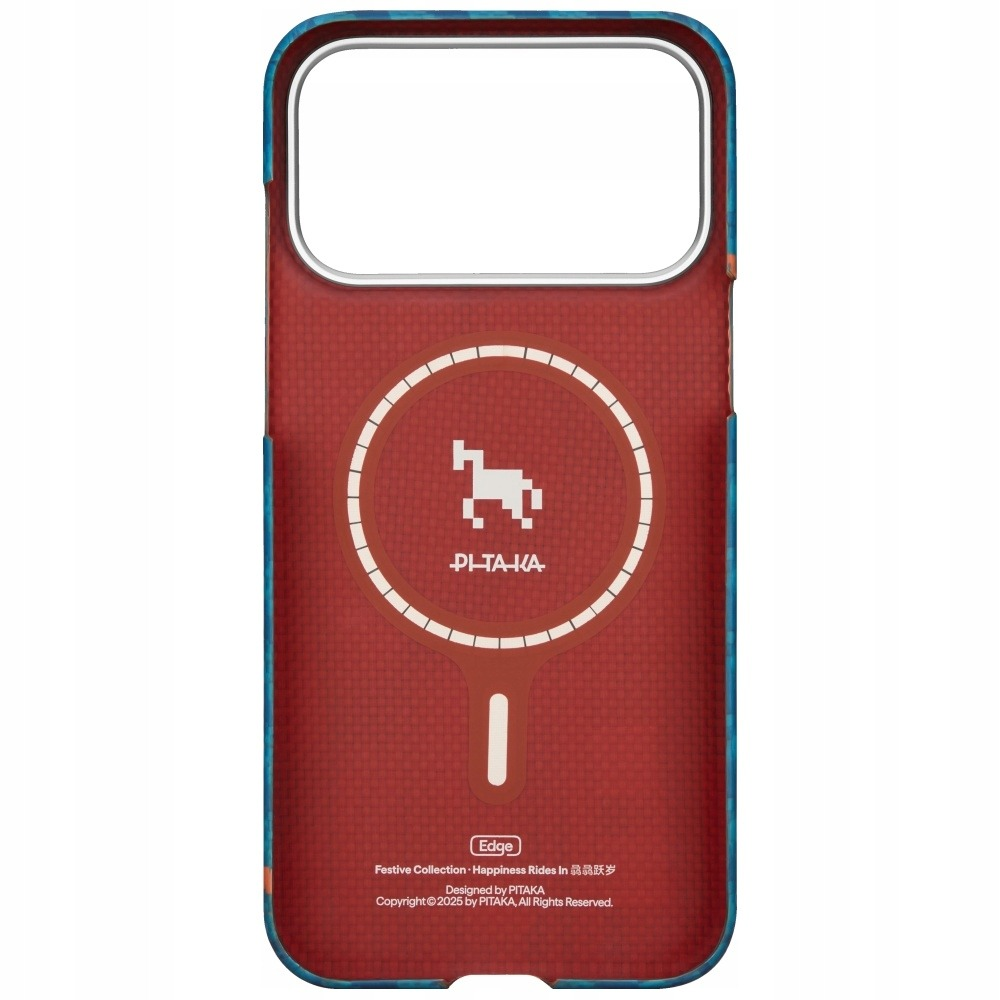 Czerwone etui na telefon z logo pikselowego konia i tekstem.