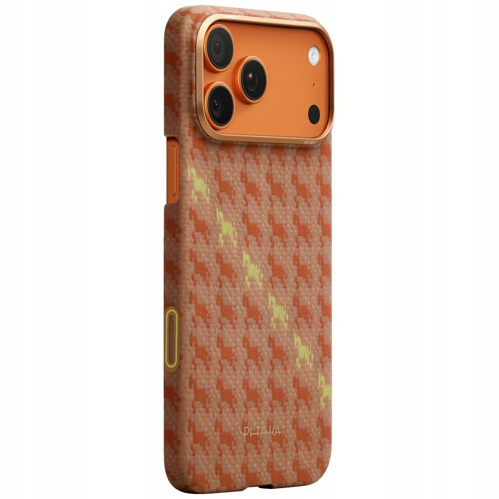Pomarańczowe etui na telefon z brązowym wzorem w jodełkę i żółtymi akcentami.