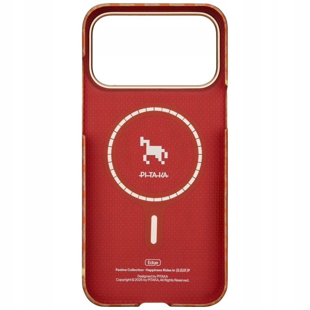 Czerwone etui na telefon z pikselowym logo konia i nazwą marki.