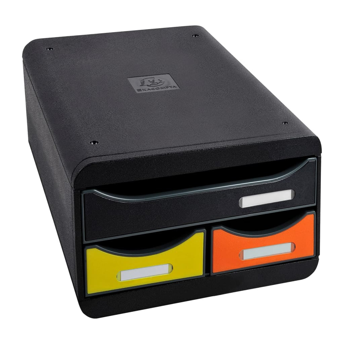 Organizzatore da scrivania nero con tre cassetti: uno scuro, uno giallo e uno arancione.