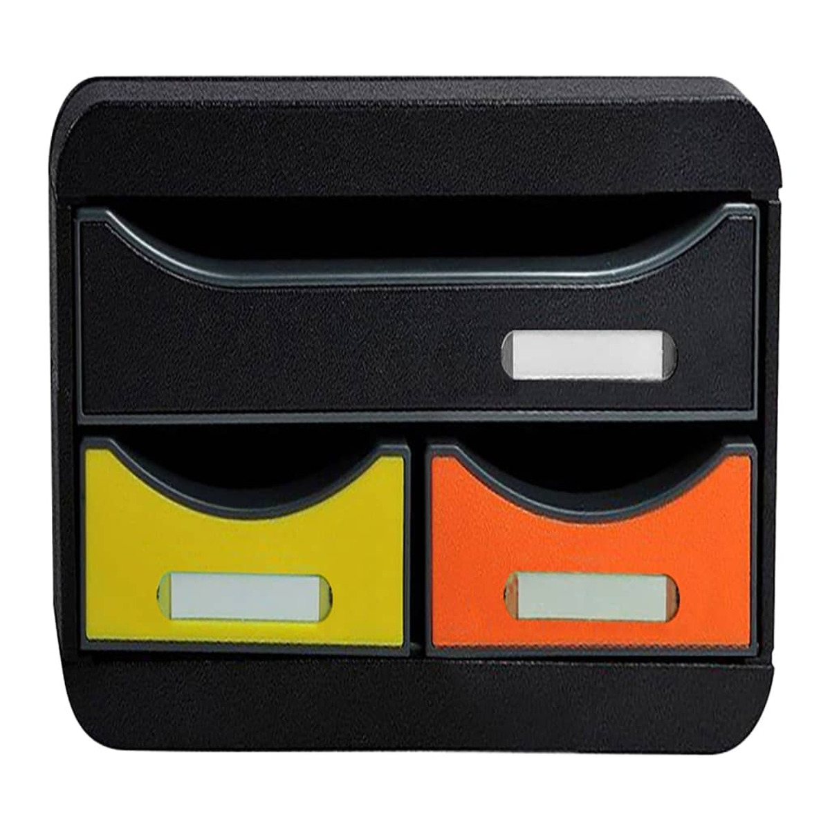 Organizzatore portaoggetti nero con un cassetto grande e due cassetti più piccoli, giallo e arancione.