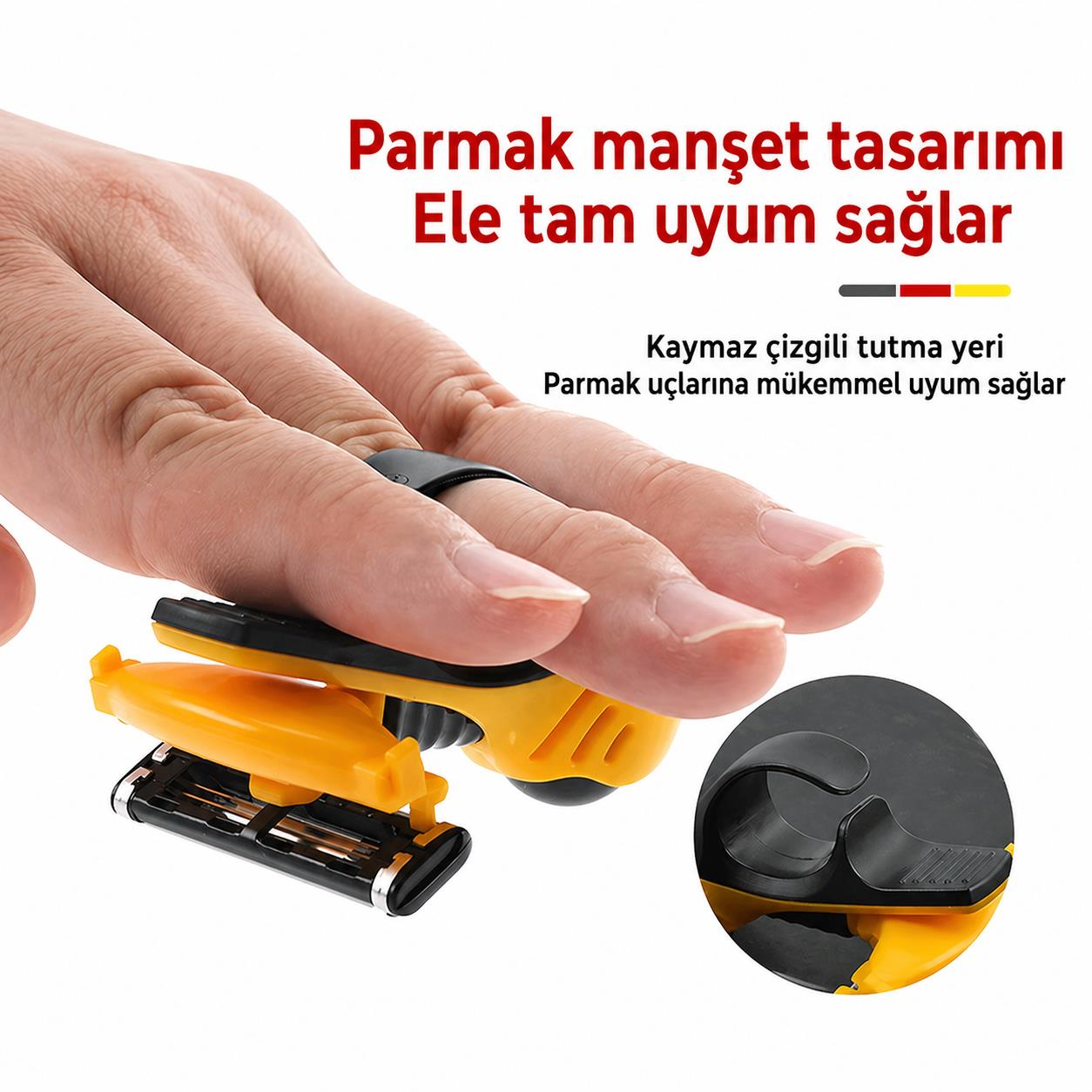 Sarı ve siyah tıraş bıçağı tutucu, parmak üzerine takılmış, rahat kullanım.