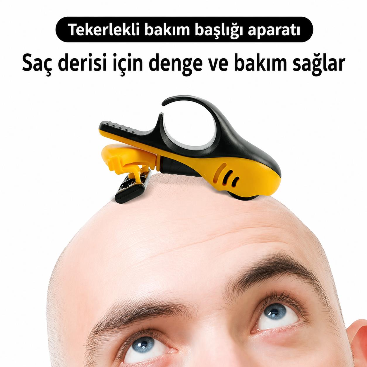 Sarı ve siyah saç derisi bakım cihazı bir erkeğin kafasında duruyor.