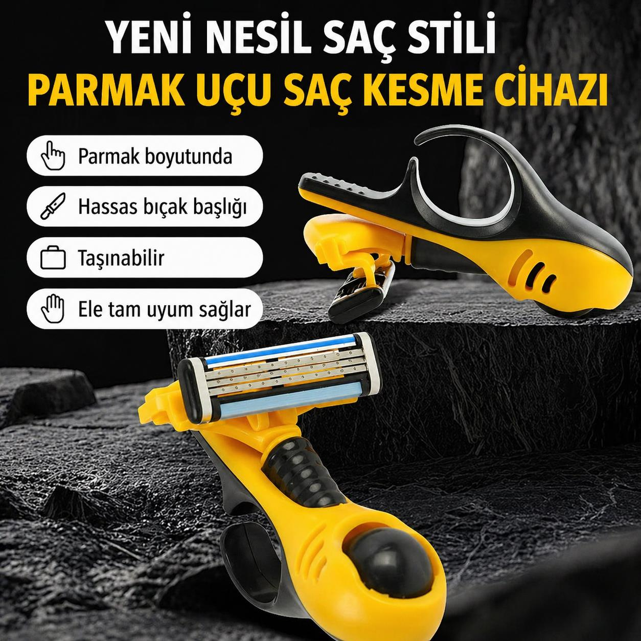 Sarı ve siyah saç kesme makinesi, bıçaklı ve saplı.