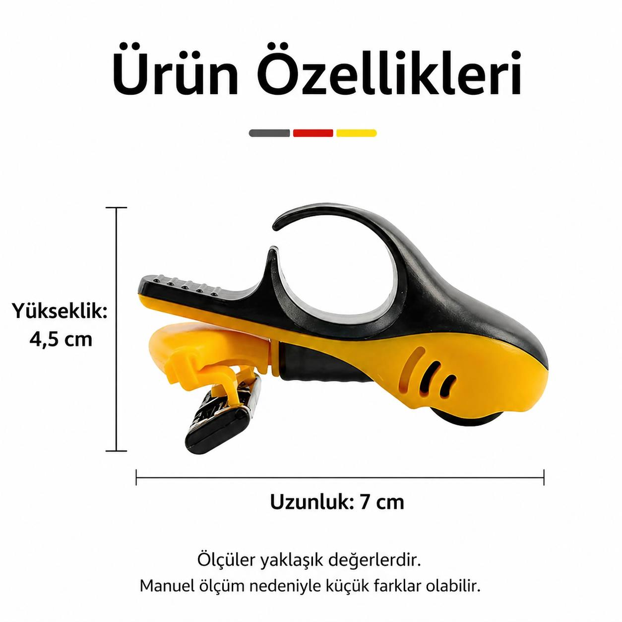Yüksekliği 4,5 cm, uzunluğu 7 cm olan sarı ve siyah bir alet.