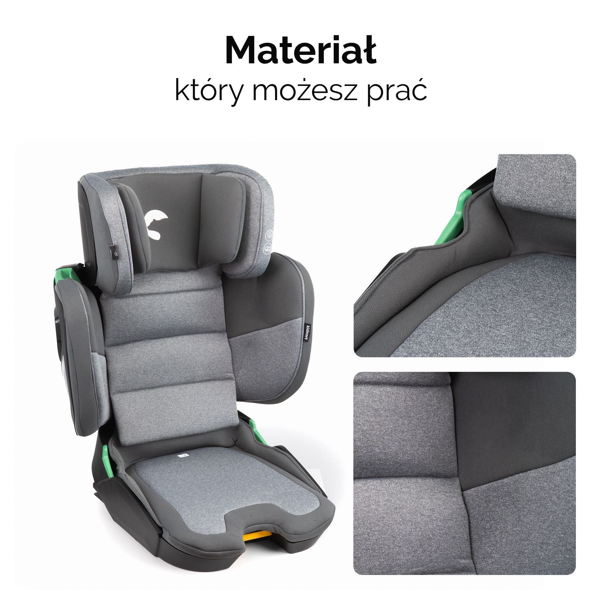 Szary fotelik samochodowy z detalami z zmywalnego materiału.