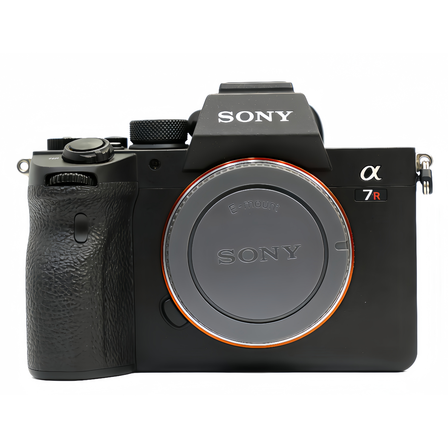 Schwarze Sony Alpha 7R Digitalkamera mit E-Mount-Objektivdeckel.