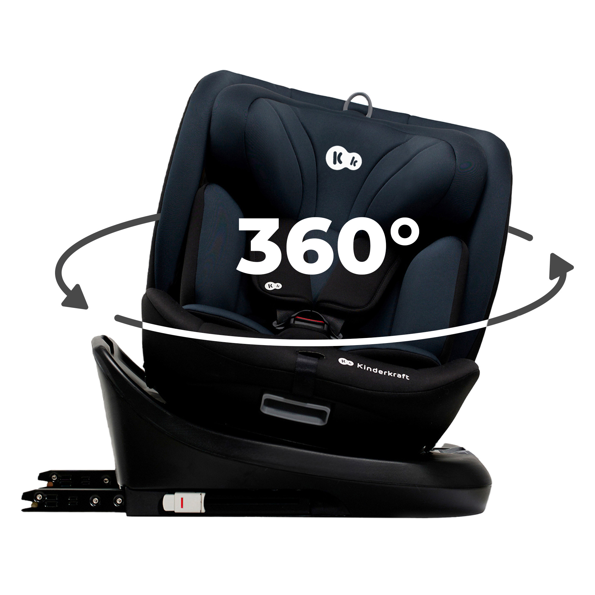 Ein dunkelblauer Kindersitz mit 360°-Drehung auf weißem Hintergrund.
