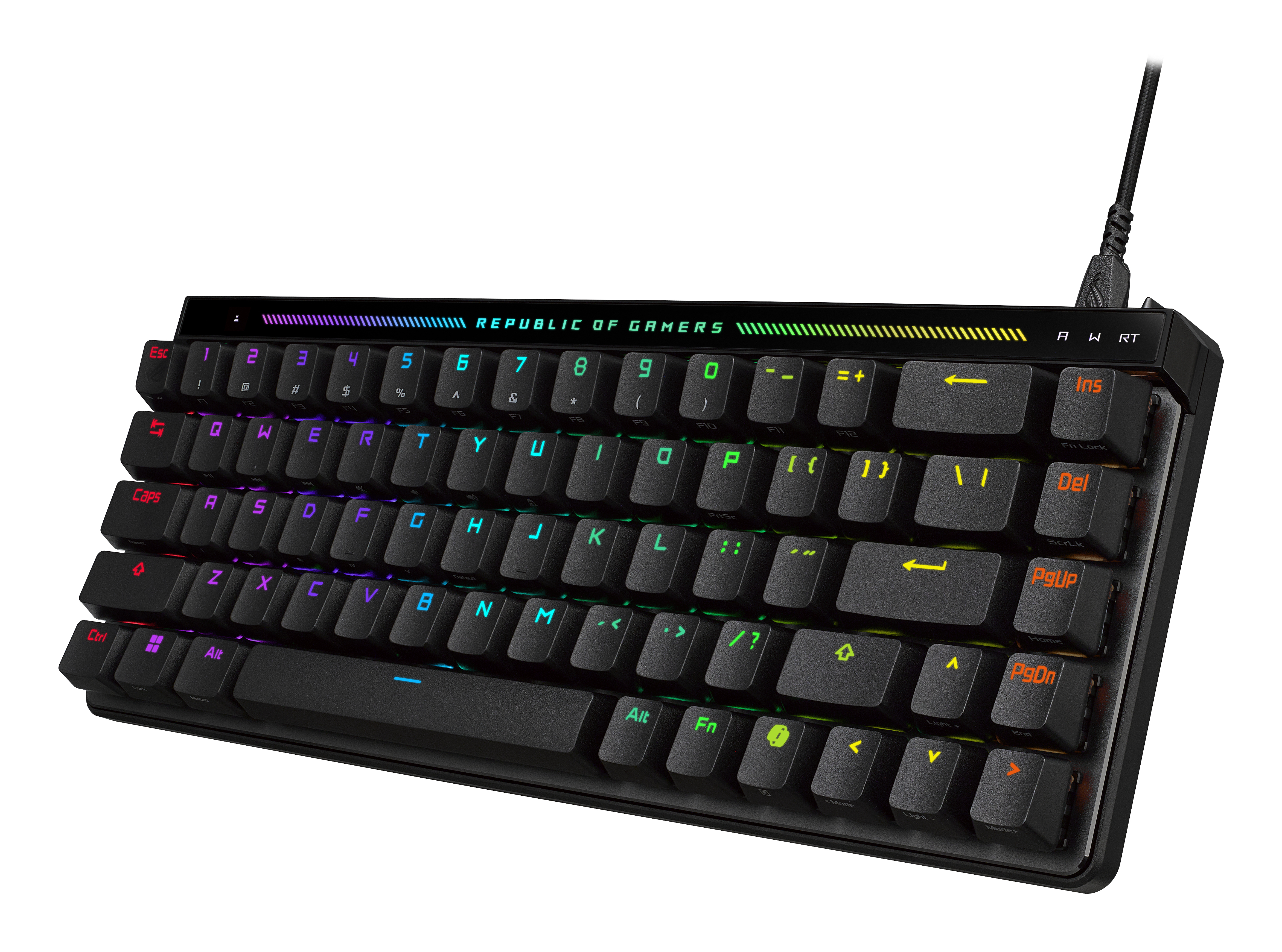 Teclado gaming negro con iluminación RGB, primer plano de las teclas.