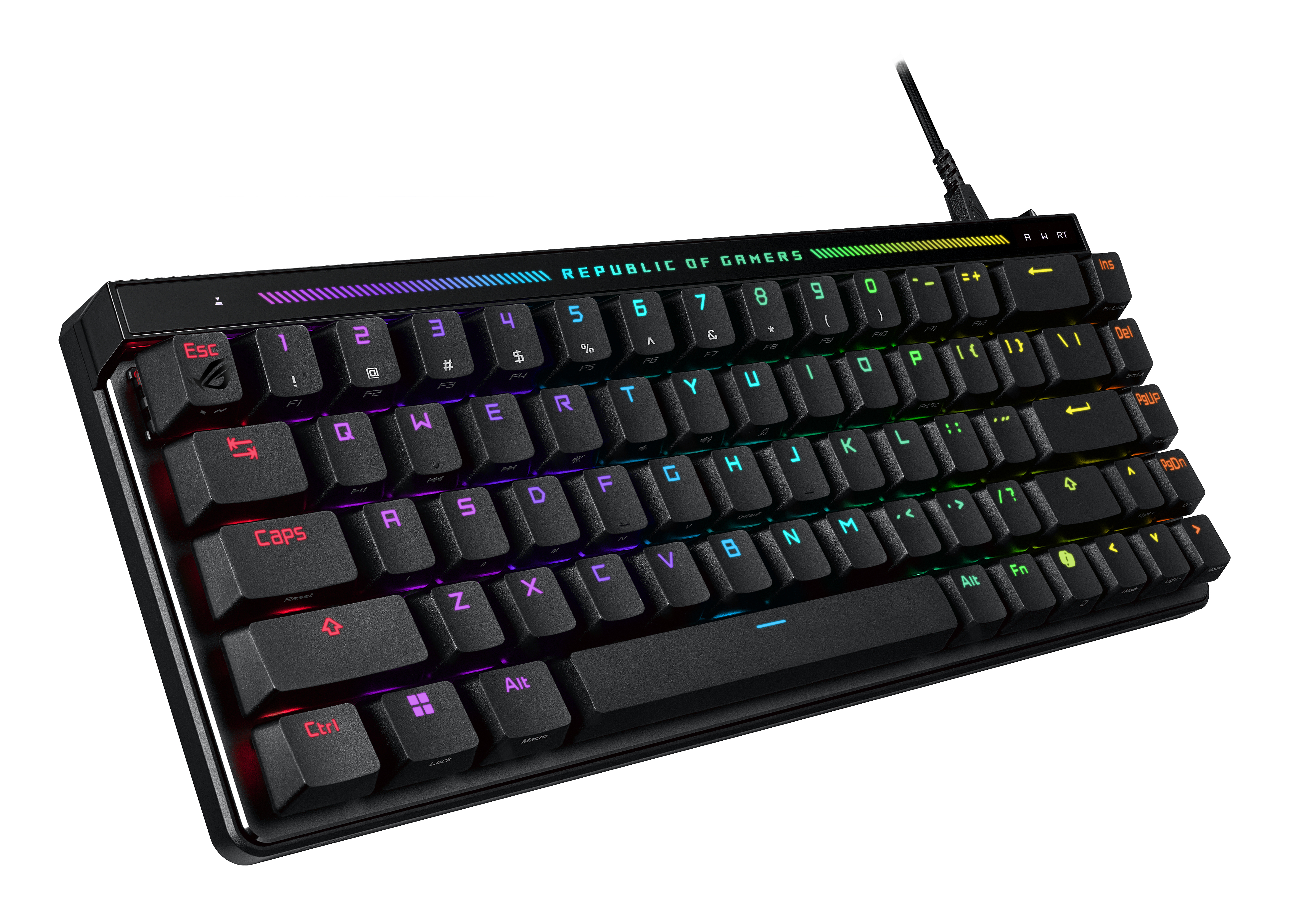 Teclado gaming negro con iluminación RGB y logo "Republic of Gamers".
