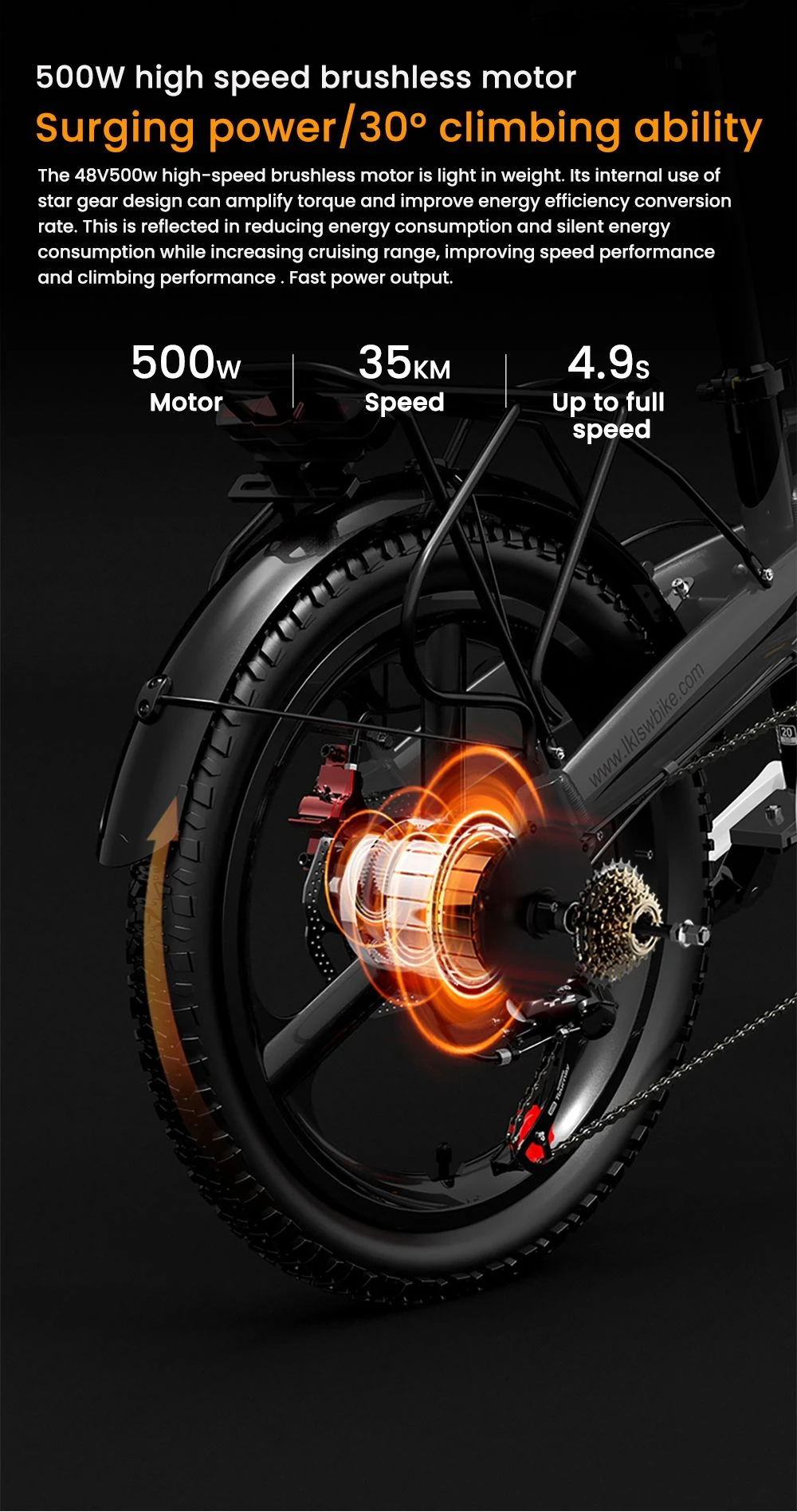 Primer plano del motor de una bicicleta con anillos naranjas brillantes que indican potencia.