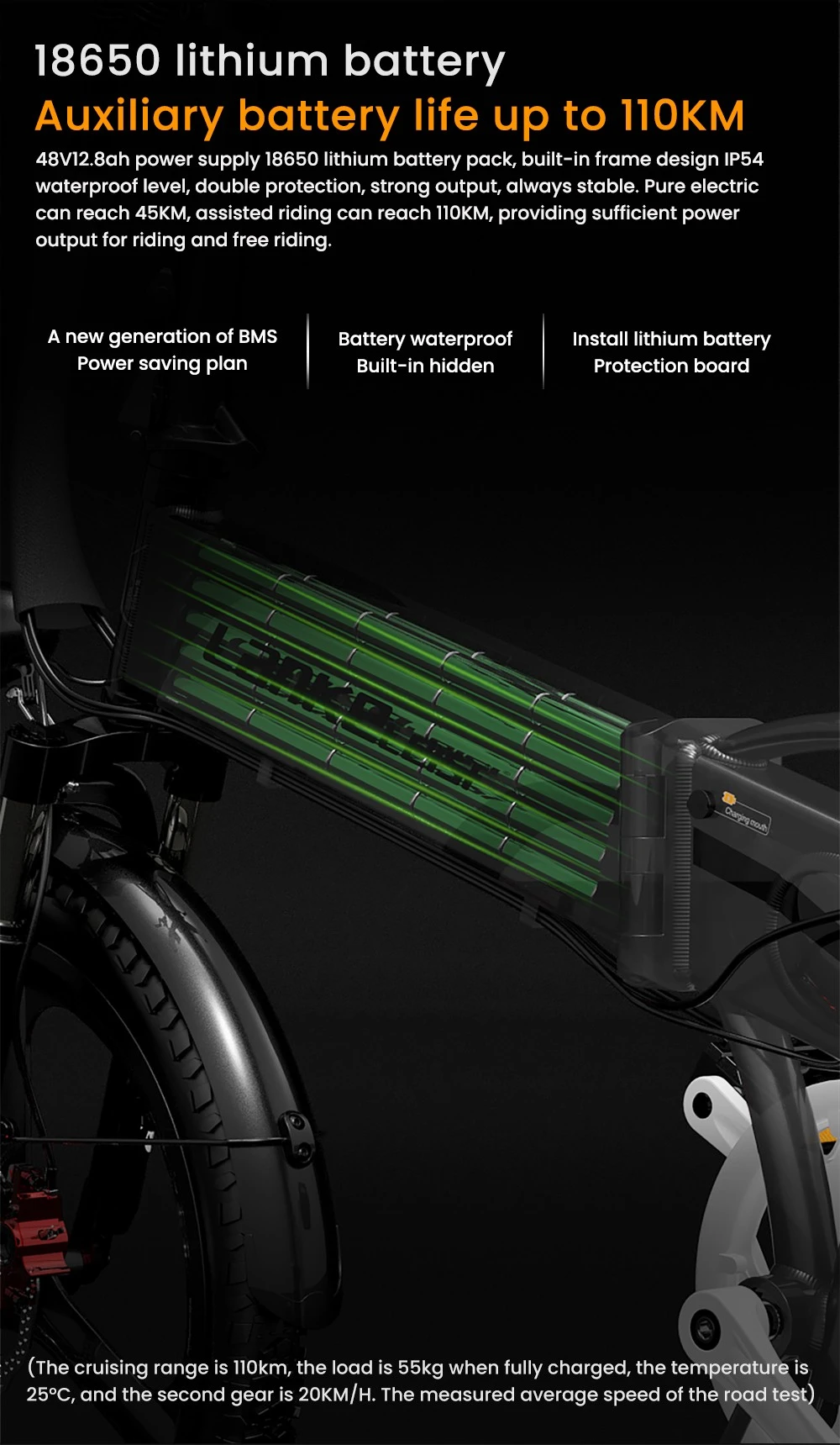 Marco de bicicleta eléctrica con paquete de baterías de litio verde 18650 visible.