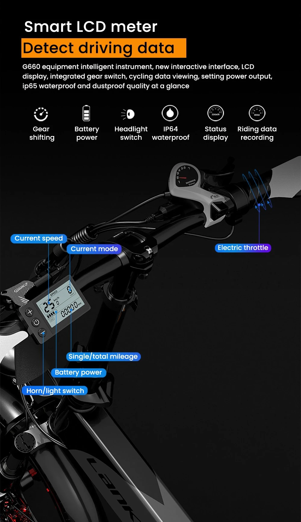 Primer plano del manillar de una bicicleta eléctrica con pantalla LCD inteligente que muestra velocidad, modo y kilometraje.