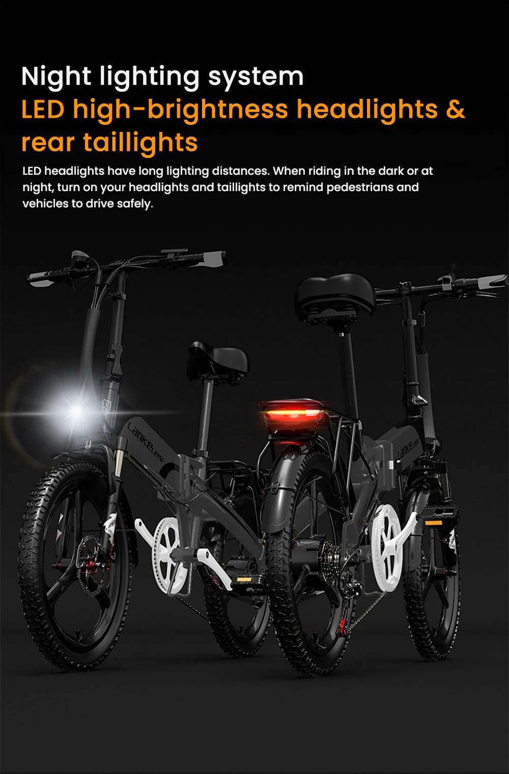 Dos bicicletas plegables negras con faros y luces traseras iluminados.