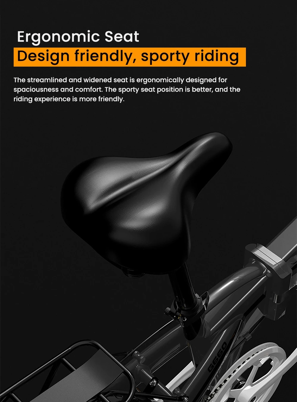 Asiento ergonómico negro para bicicleta con texto sobre fondo oscuro.