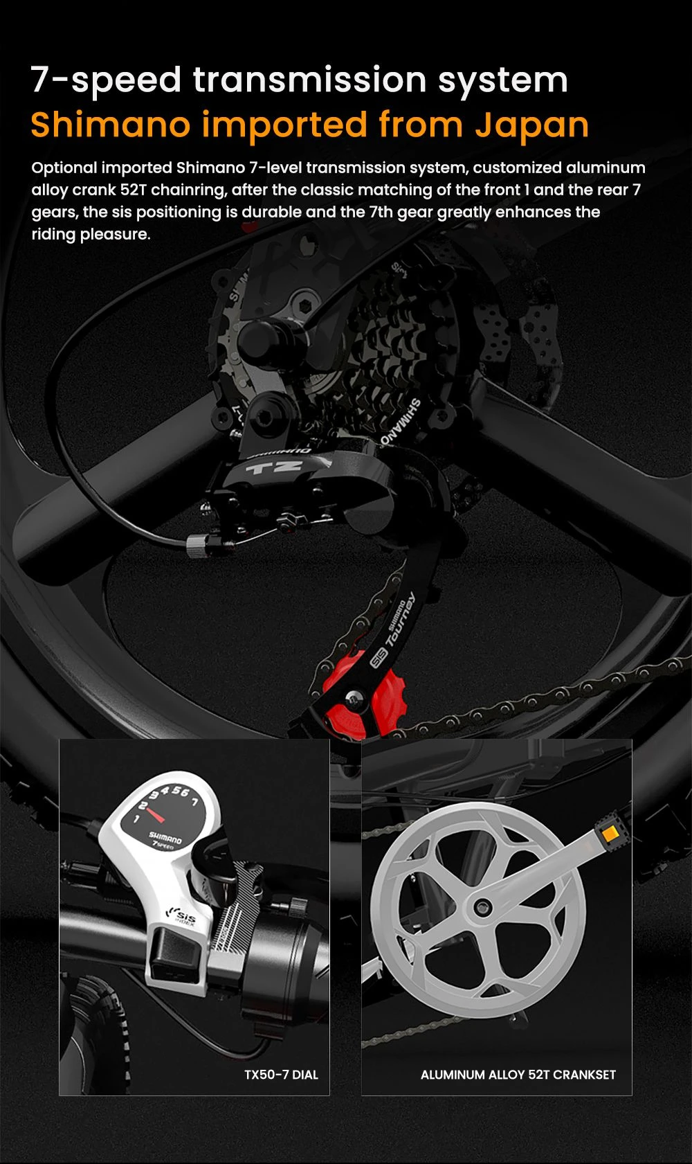 Transmisión Shimano de 7 velocidades con plato de aluminio y dial TX50-7.