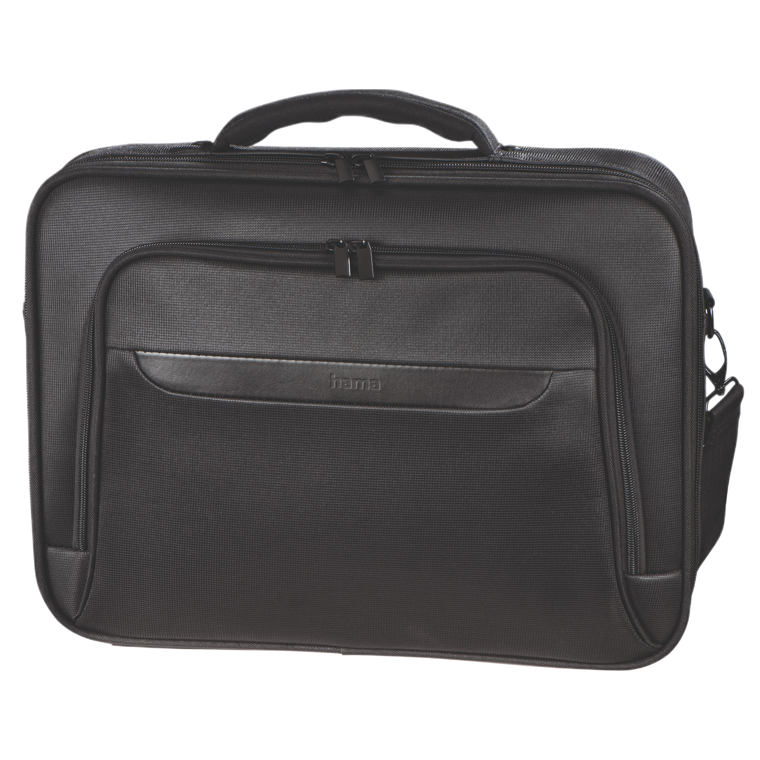 Una borsa nera Hama per laptop con esterno testurizzato e scomparti multipli con cerniera.
