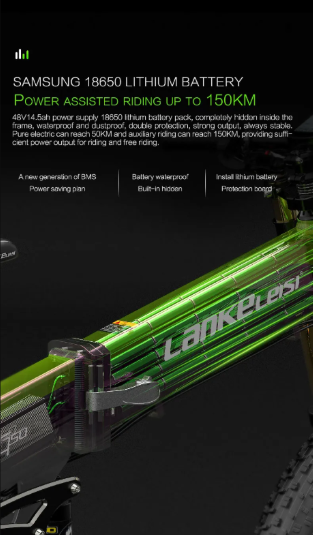 Telaio di bicicletta elettrica verde con dettagli batteria al litio Samsung 18650.