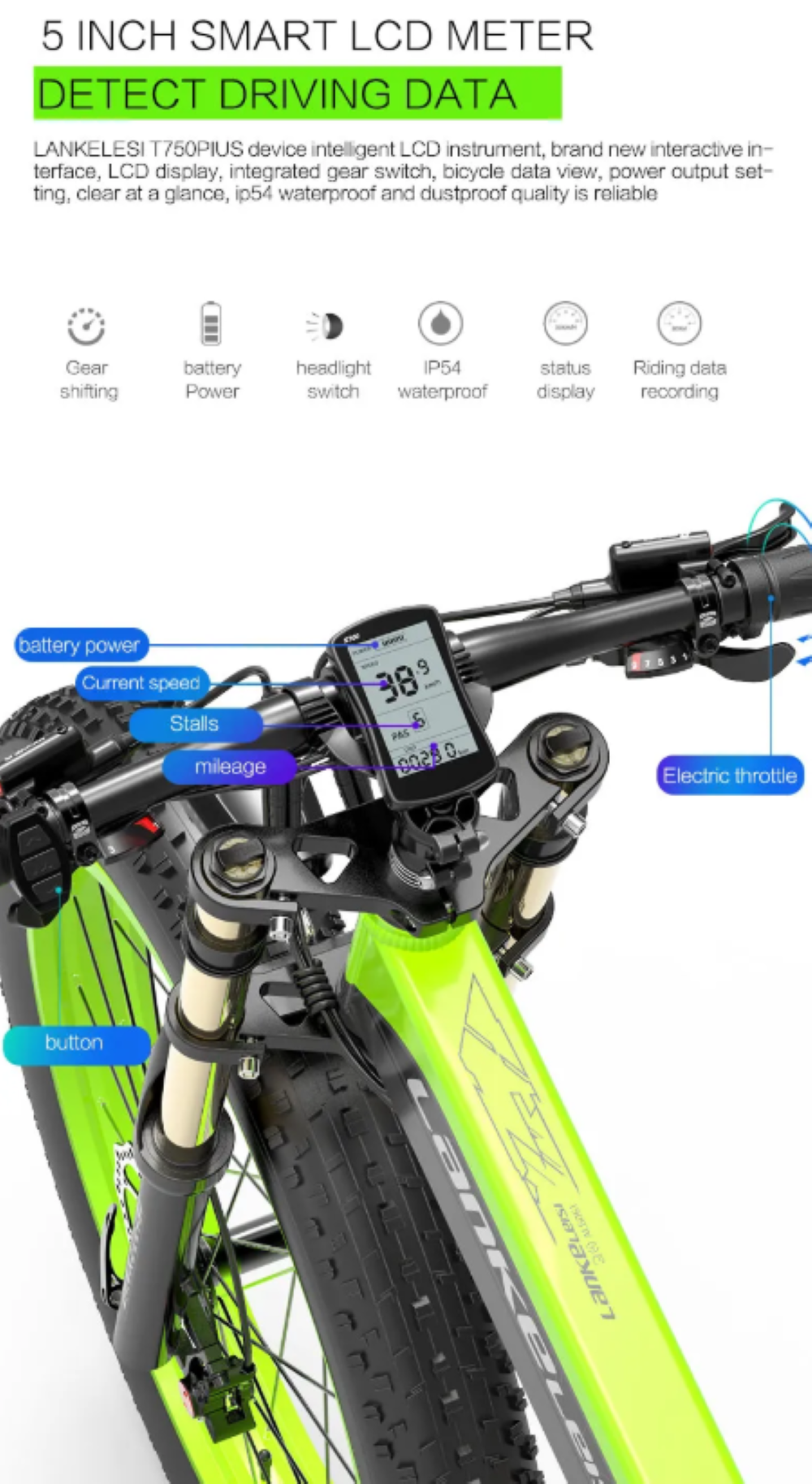 Manubrio bici elettrica verde con display digitale che mostra velocità e chilometraggio.