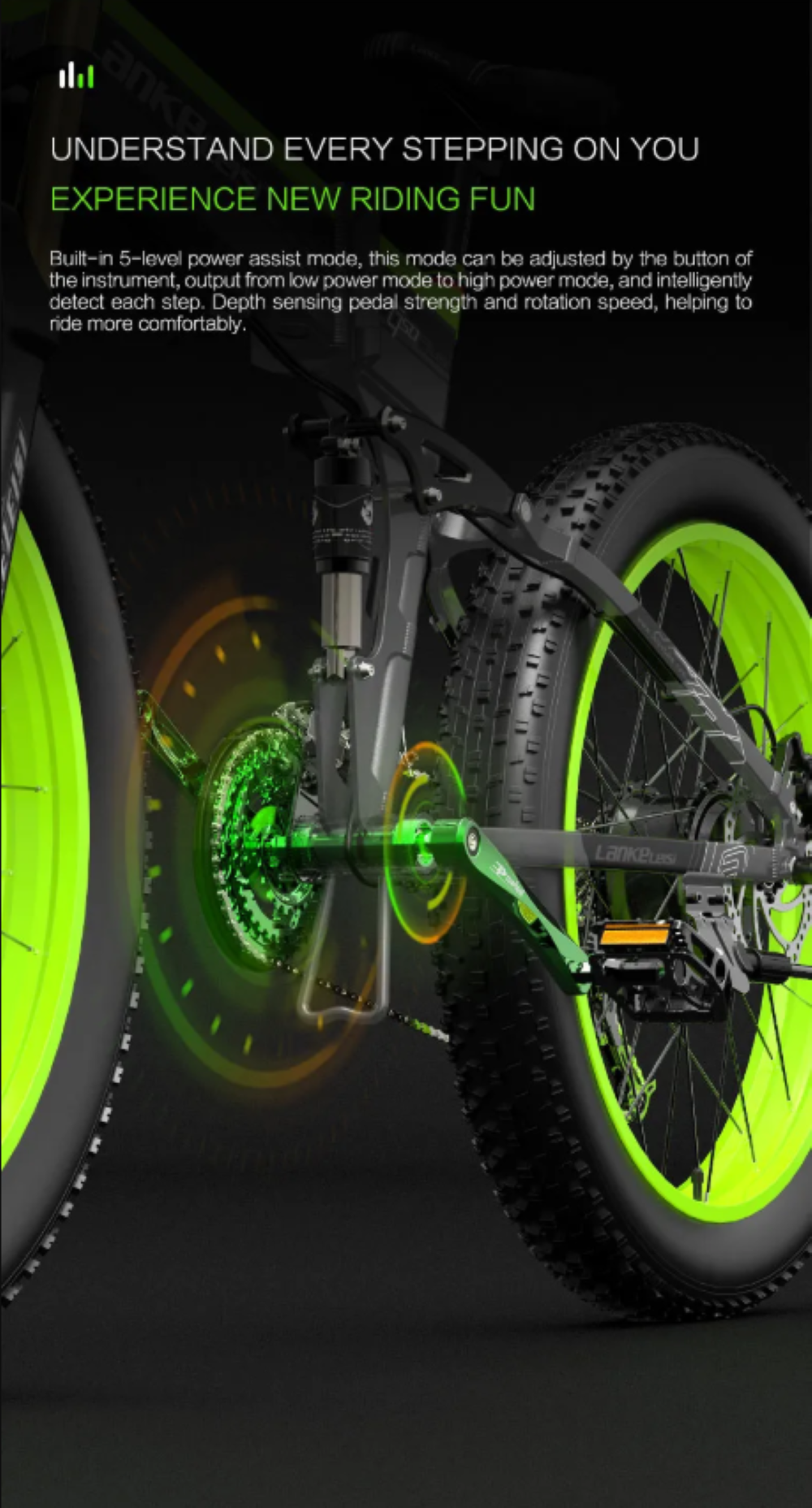 Primo piano della ruota posteriore e della trasmissione di una bicicletta elettrica con accenti verde neon.