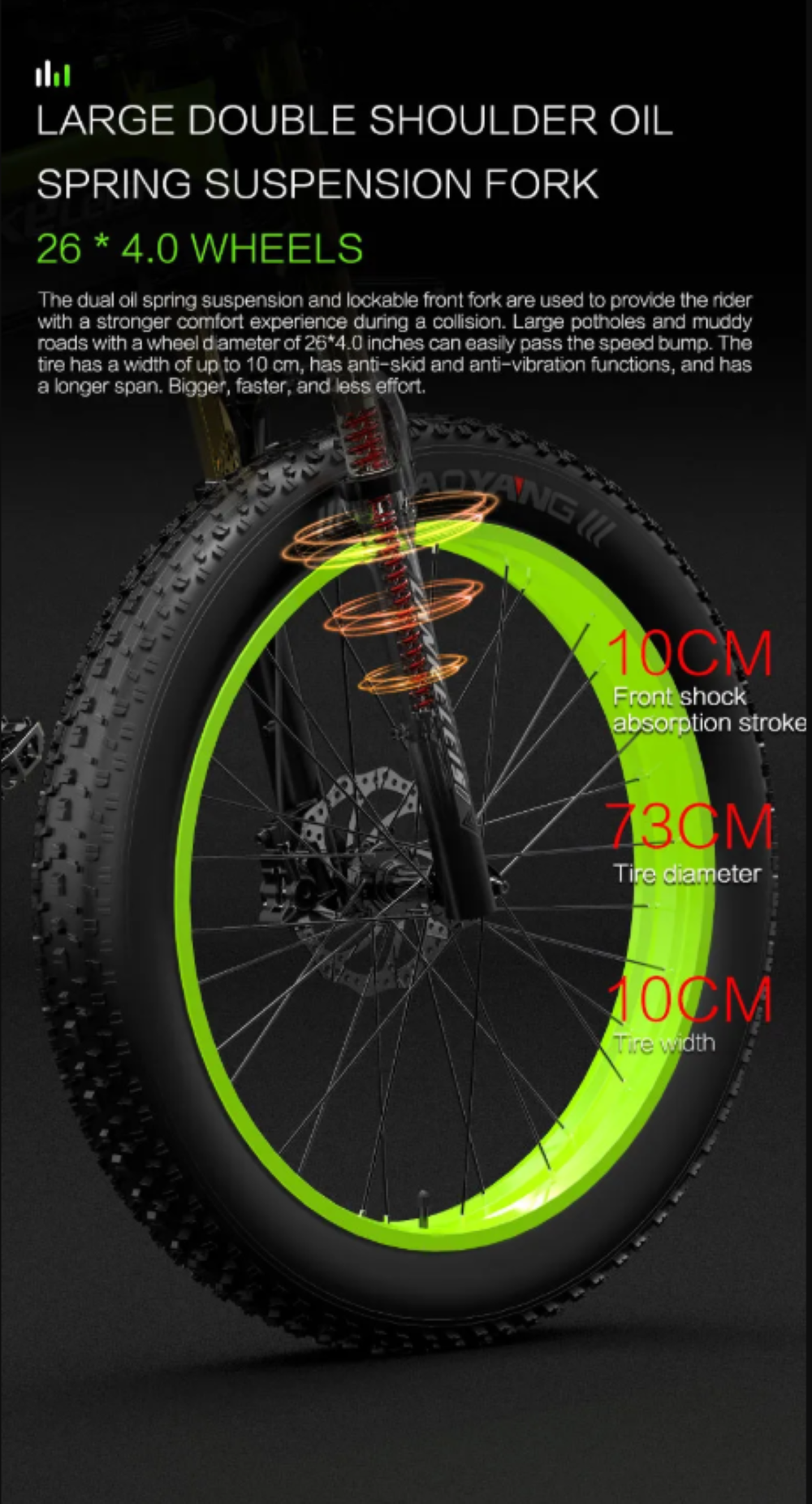 Forcella bici grassa con 10cm escursione, 73cm diametro, 10cm larghezza.