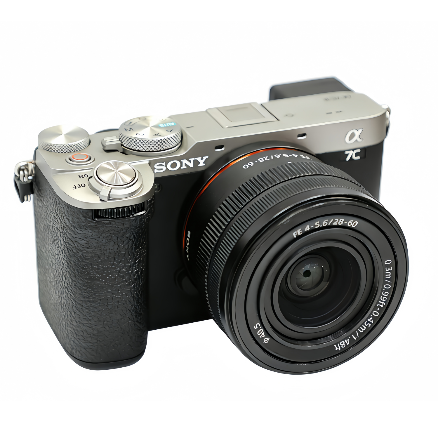 A silver Sony Alpha 7C camera with a lens, white background.