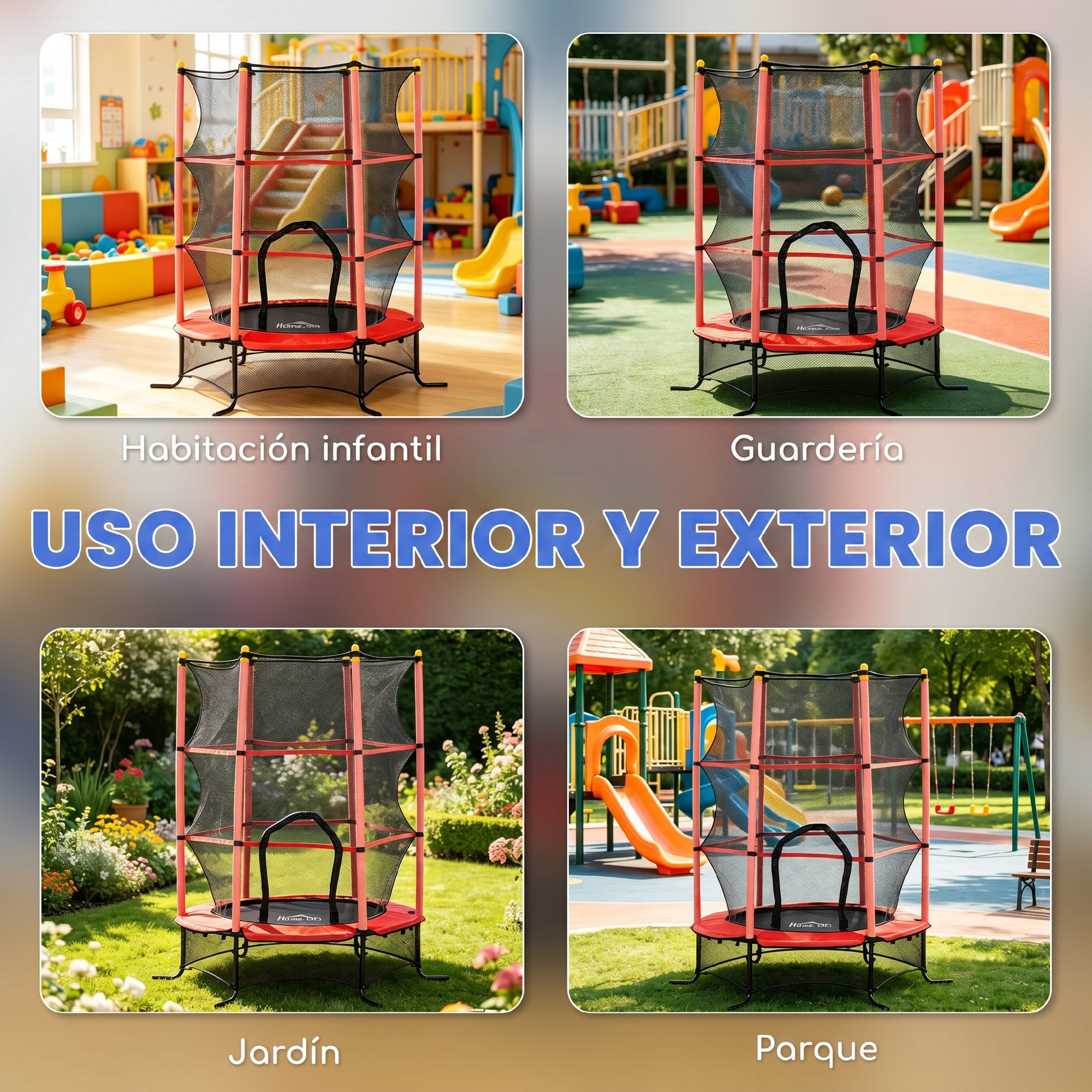 Trampolín rojo con red de seguridad en sala de juegos, jardín y parque.