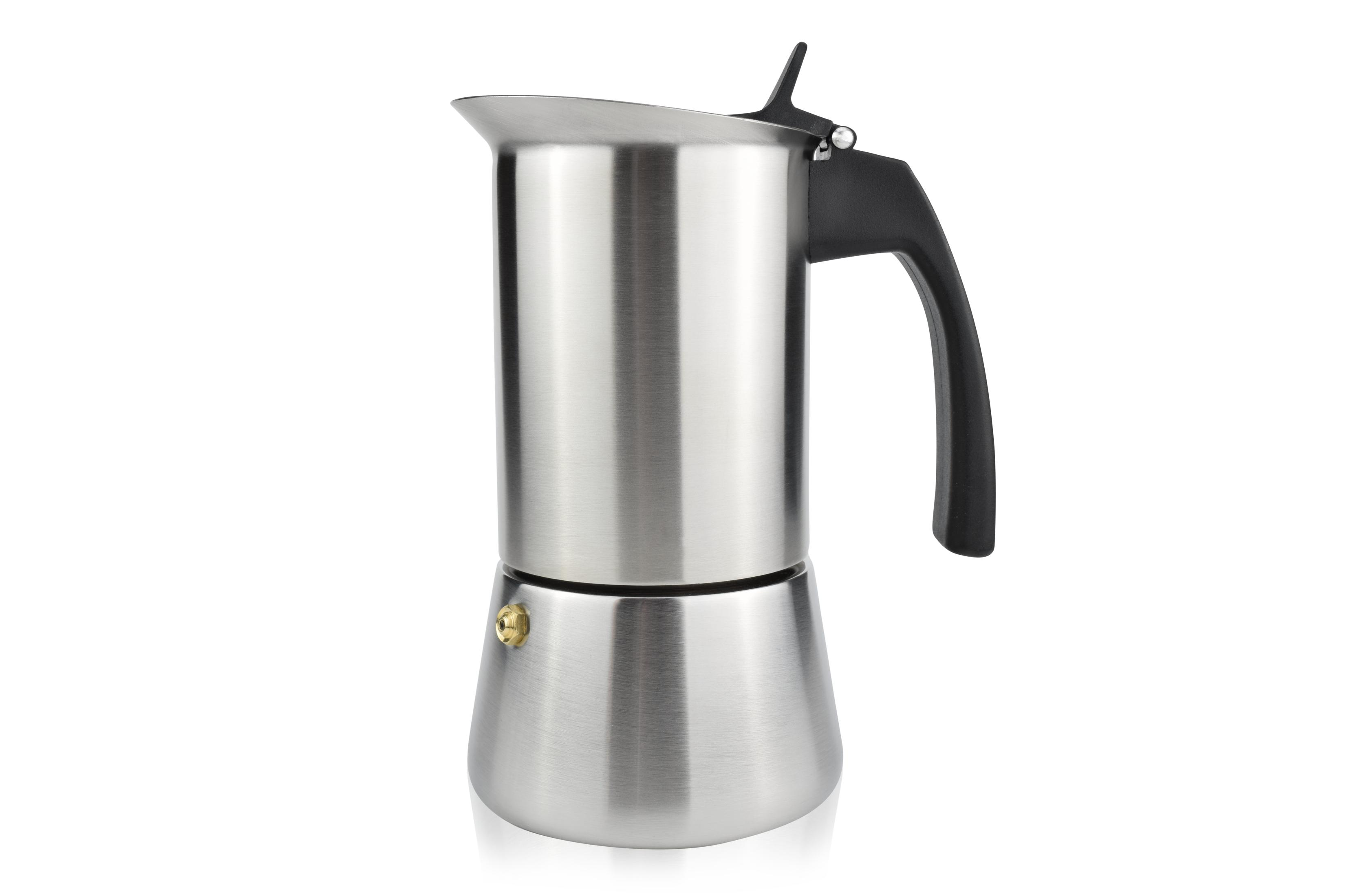 Edelstahl-Espressokocher mit schwarzem Griff auf weißem Hintergrund.