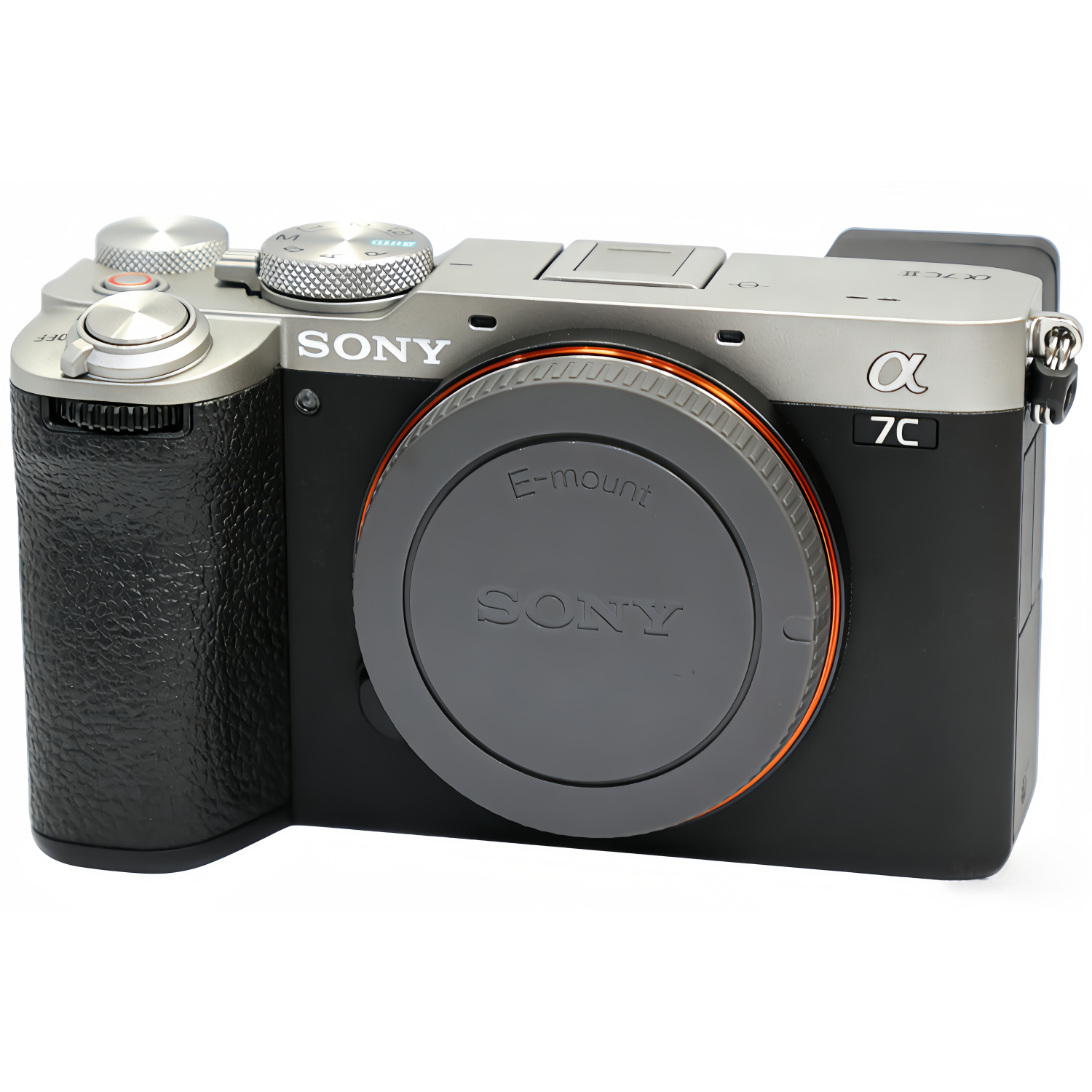 Silberne und schwarze Sony Alpha 7C Systemkamera mit Objektivdeckel.