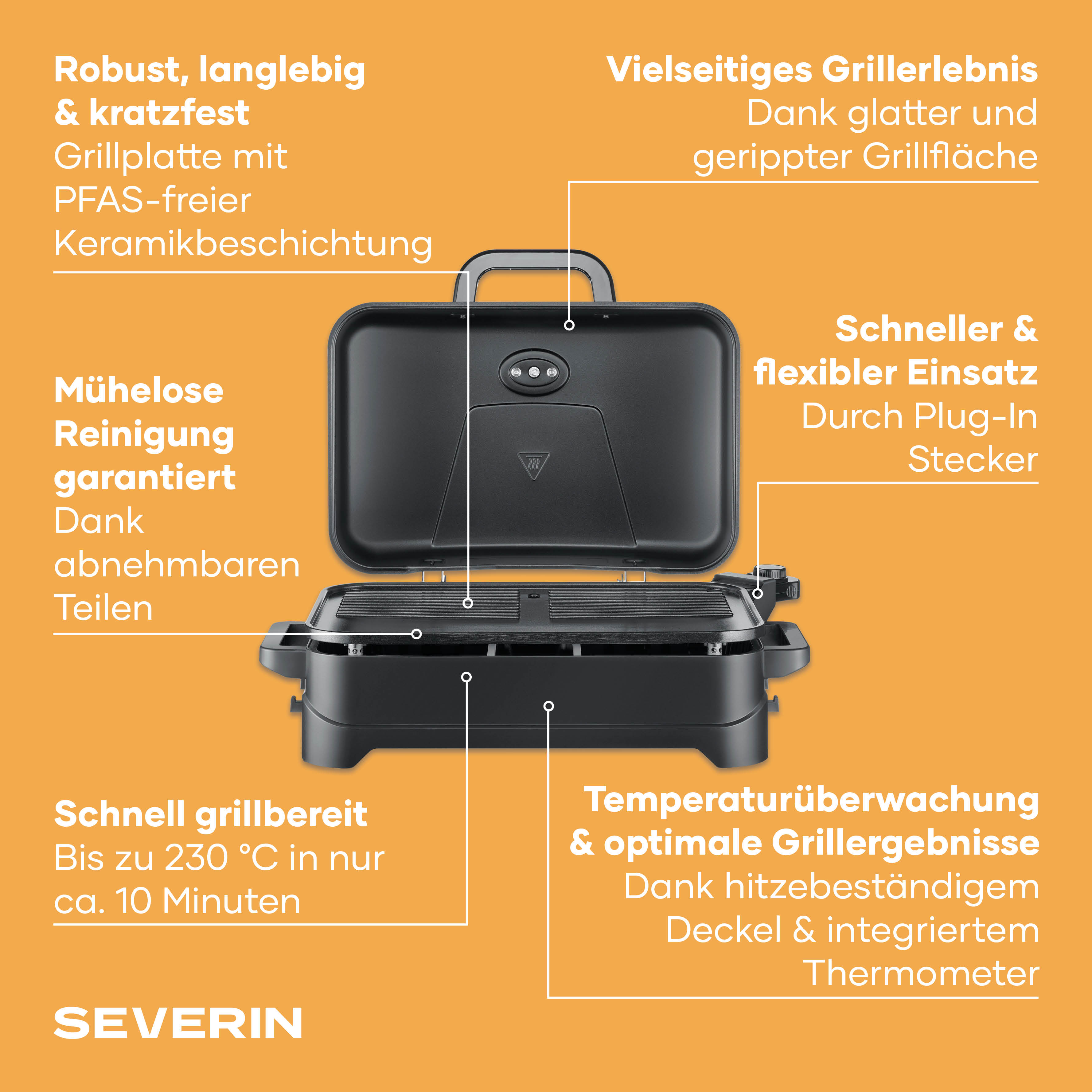 Ein schwarzer Kontaktgrill von Severin mit geöffnetem Deckel, auf orangefarbenem Hintergrund.