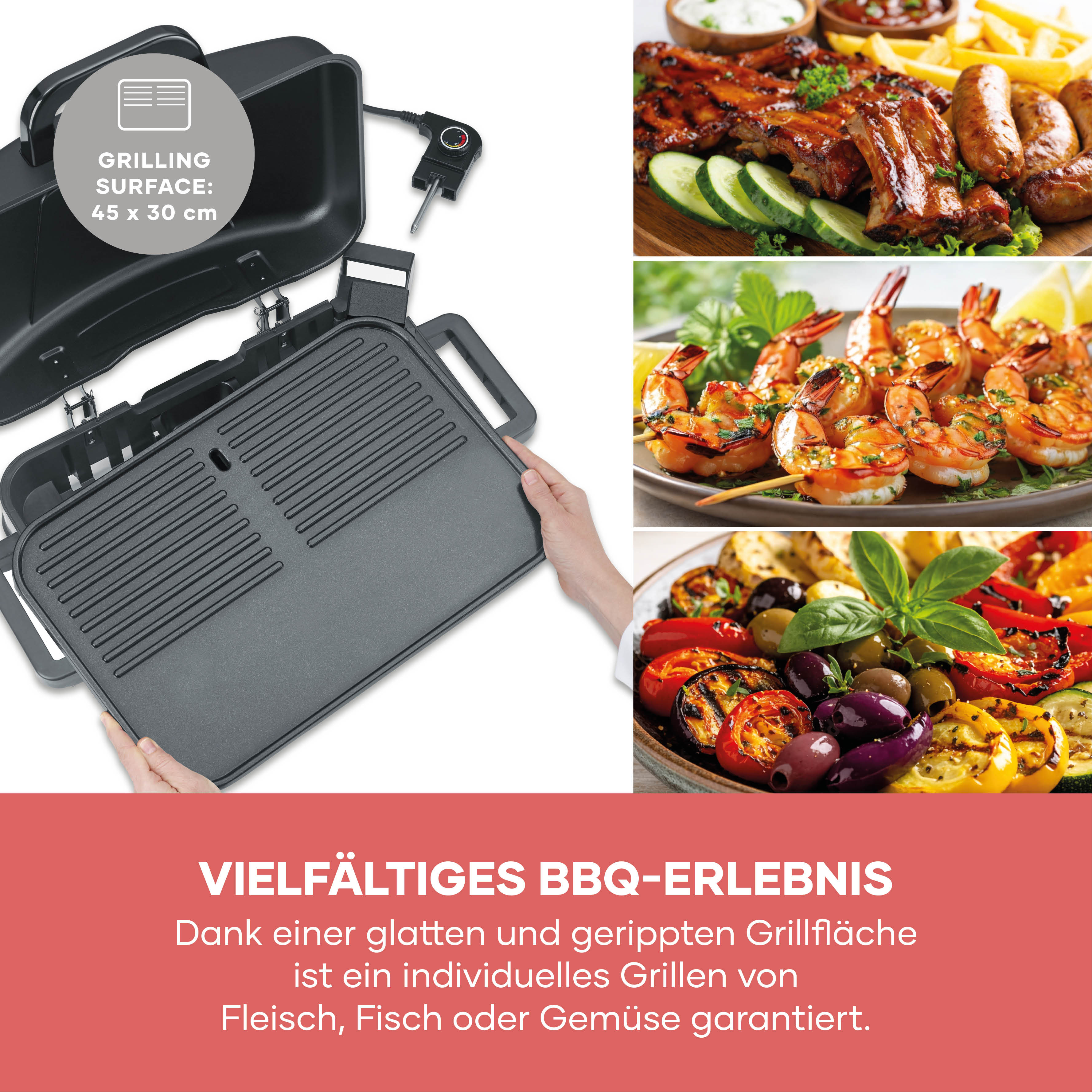 Ein Grill mit abnehmbarer Platte. Serviert werden Rippchen, Würstchen, Garnelen und Gemüse.