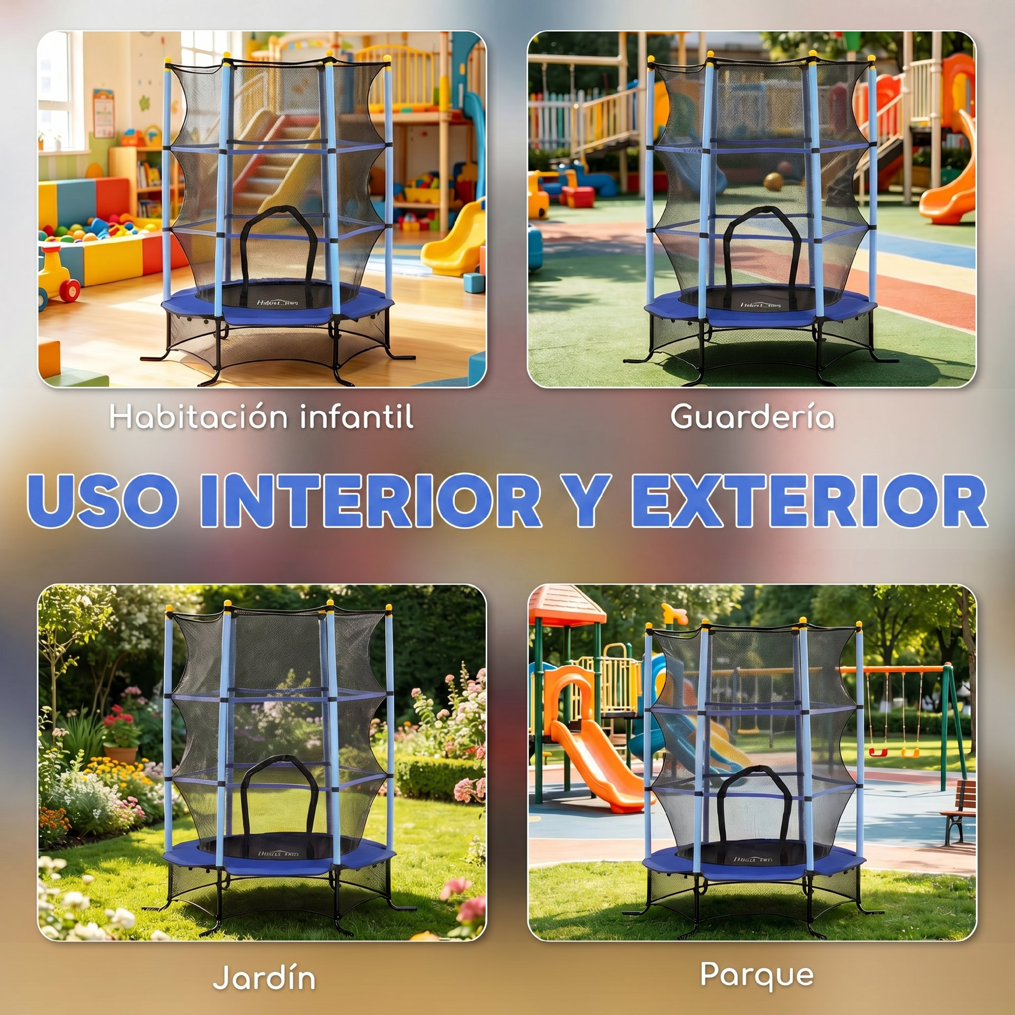 Trampolines en sala de juegos, guardería, jardín y parque.