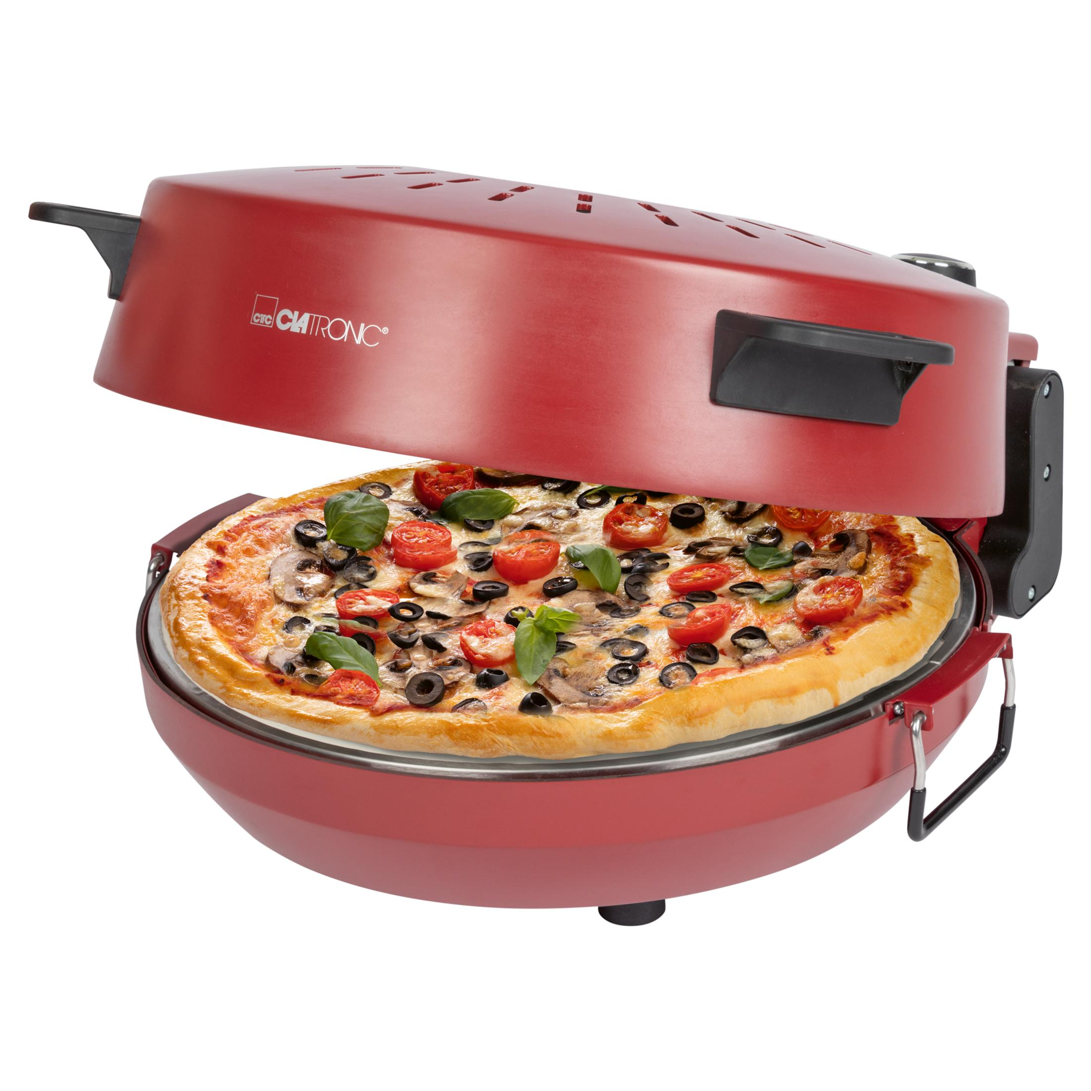 Czerwony piec do pizzy z gotową pizzą z pomidorami, grzybami i oliwkami.