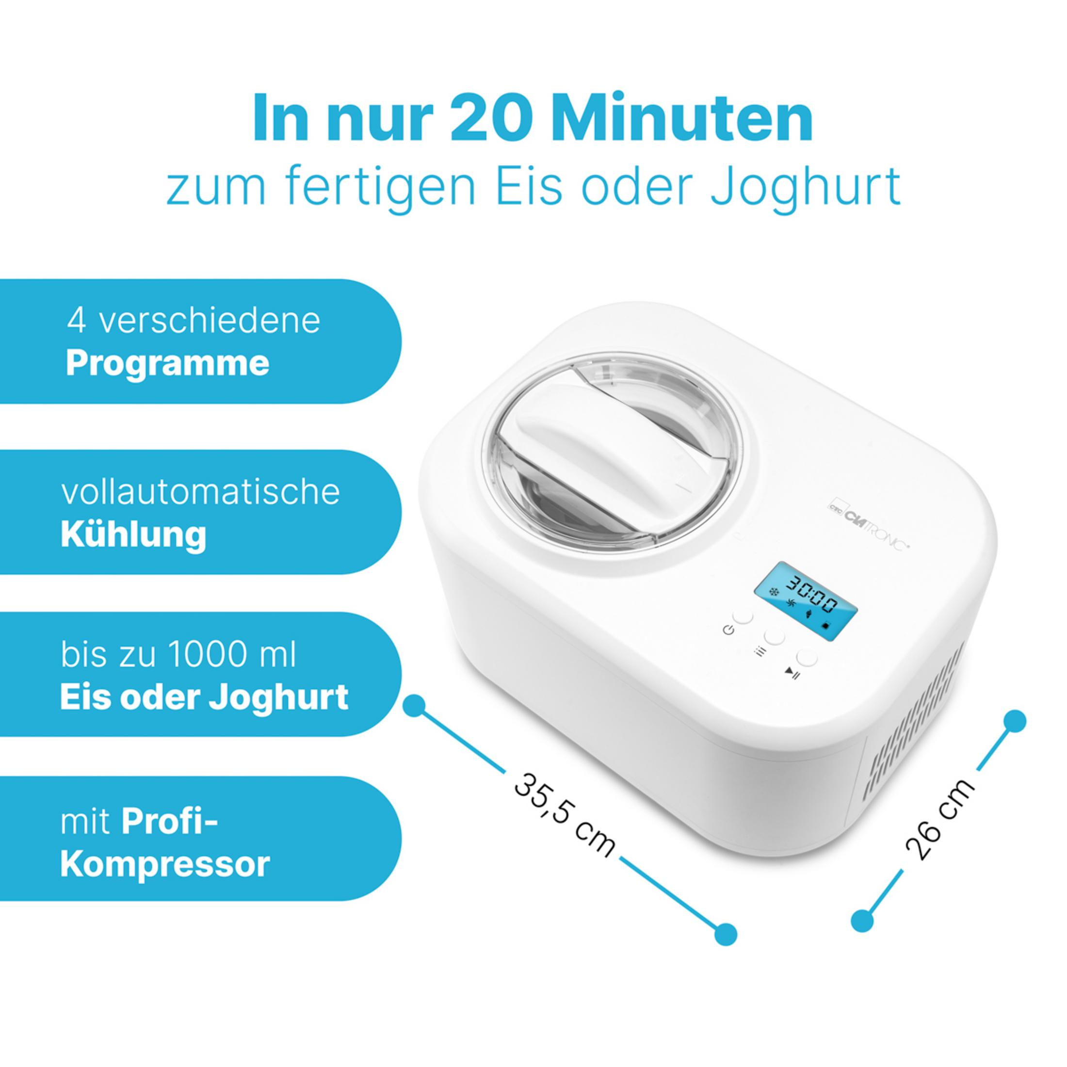 Weißer Eisbereiter mit digitaler Anzeige und Maßen 35,5 cm und 26 cm.