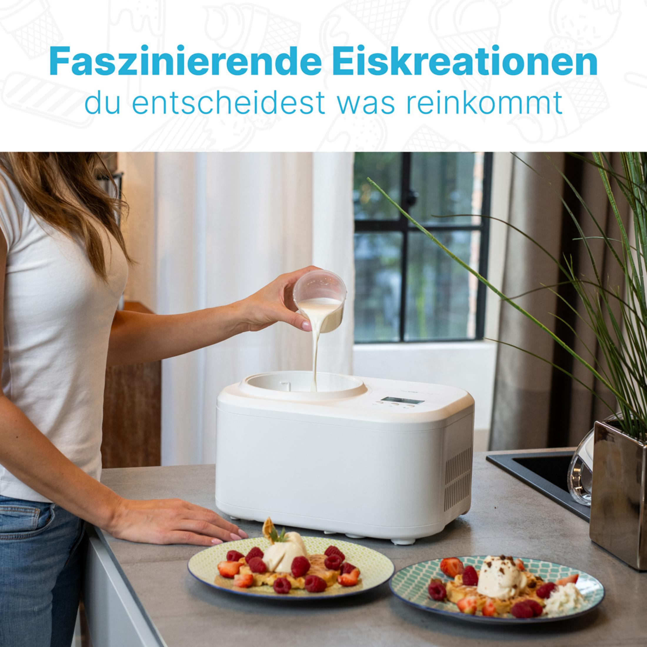Eine Frau gießt Flüssigkeit in eine Eismaschine. Servierte Eiscreme auf Waffeln.