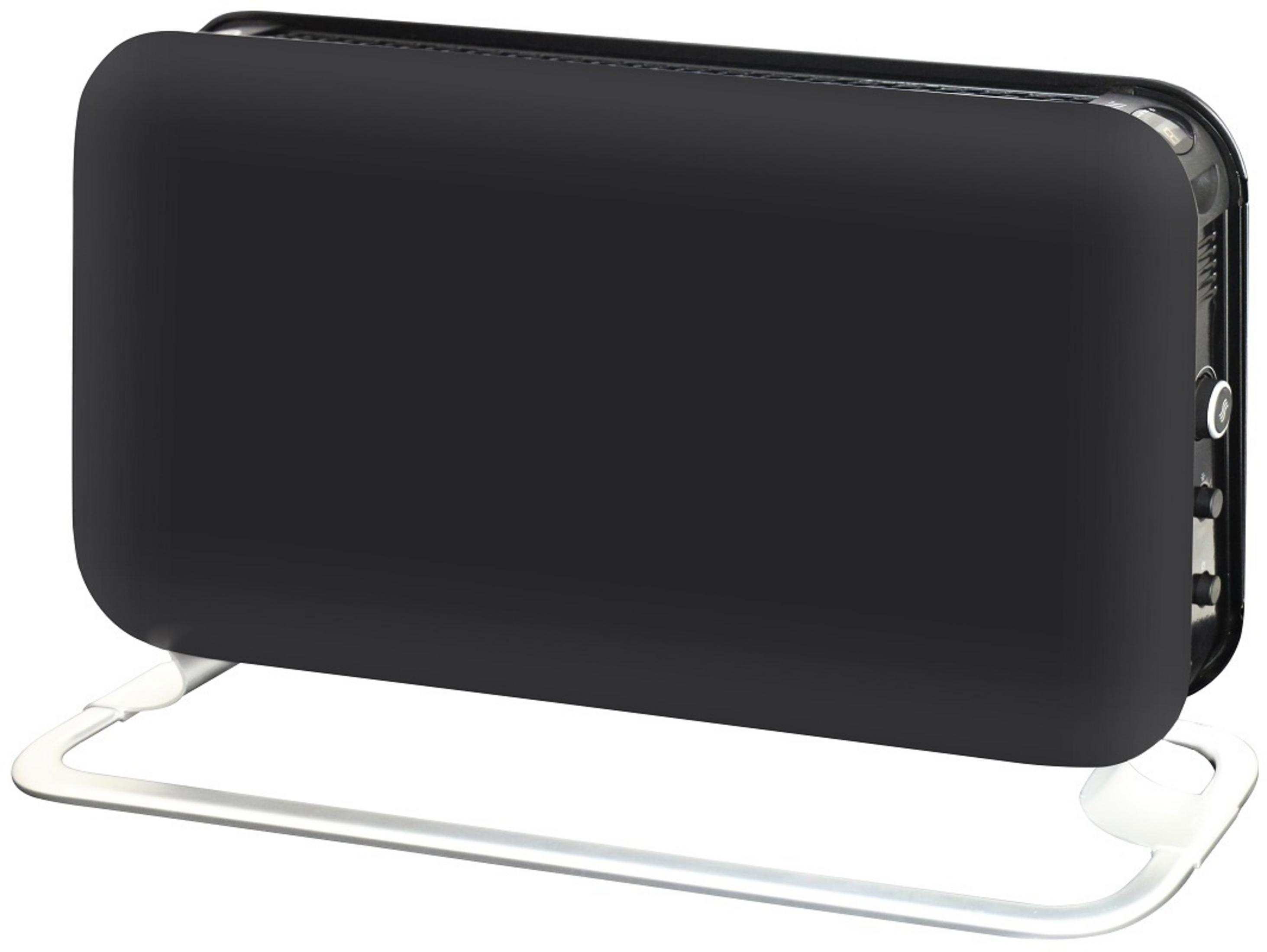 Calentador rectangular negro sobre un soporte plateado con controles laterales.
