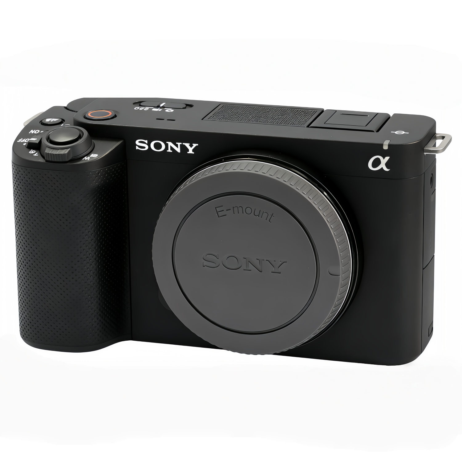 Eine schwarze Sony Alpha Systemkamera mit E-Mount-Kappe und strukturierter Grifffläche steht auf weißem Untergrund.