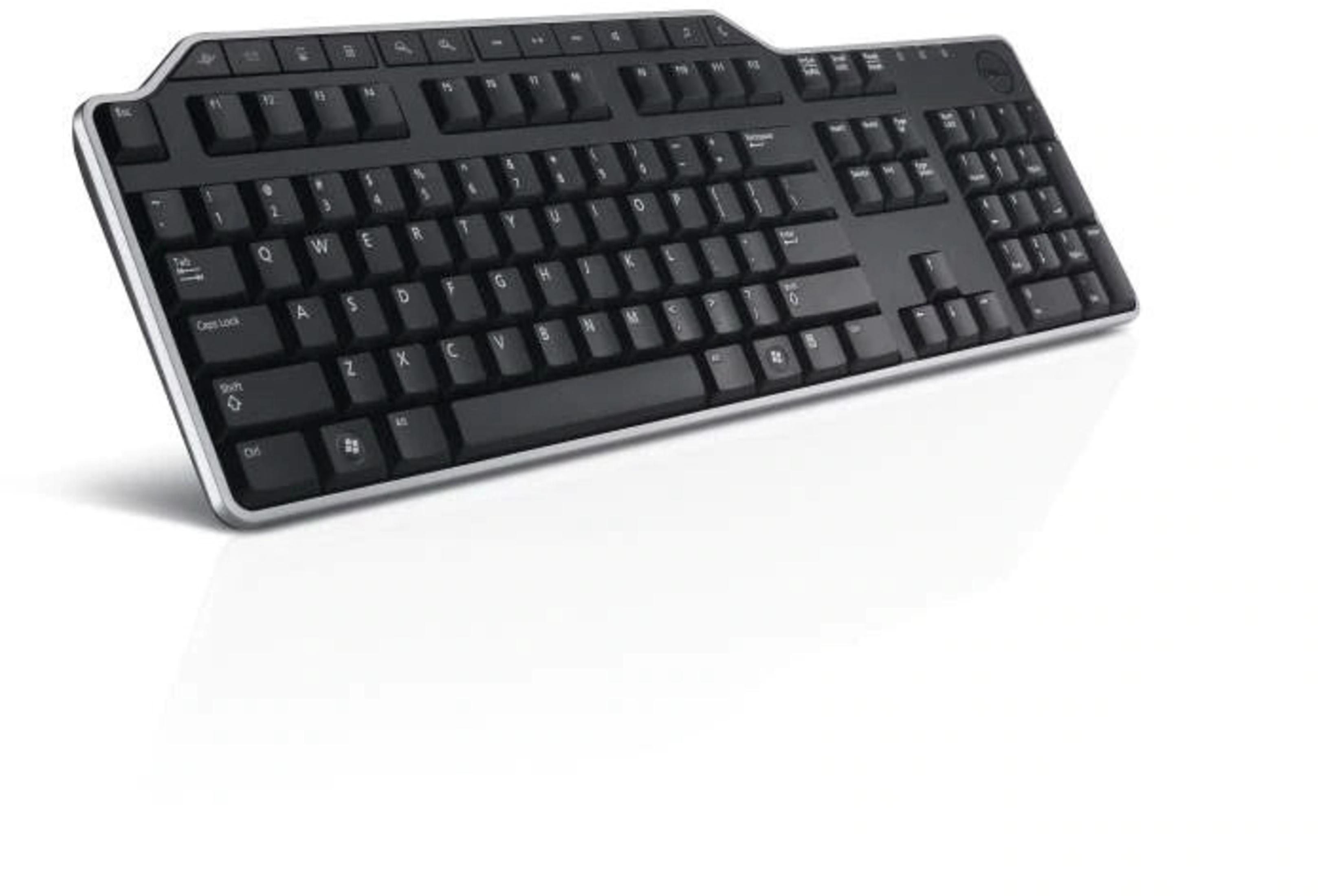 Black Dell keyboard with a silver trim, on a white background.