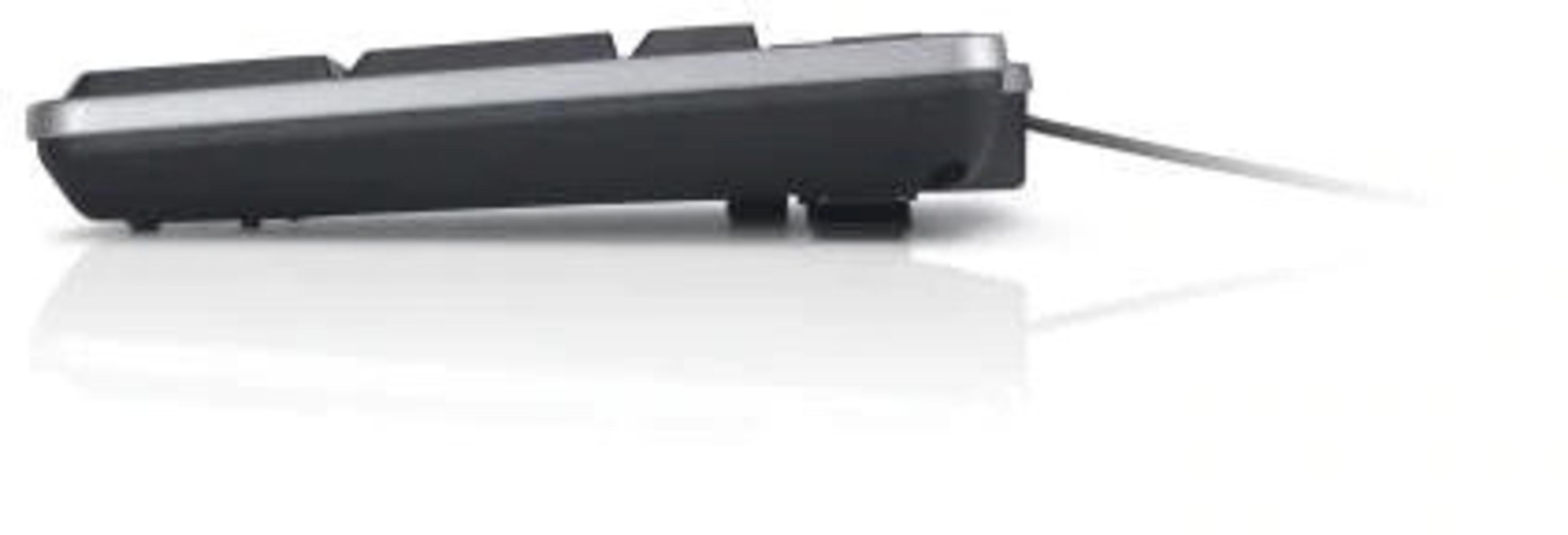 Close-up of a black keyboard with silver accents on a white background.