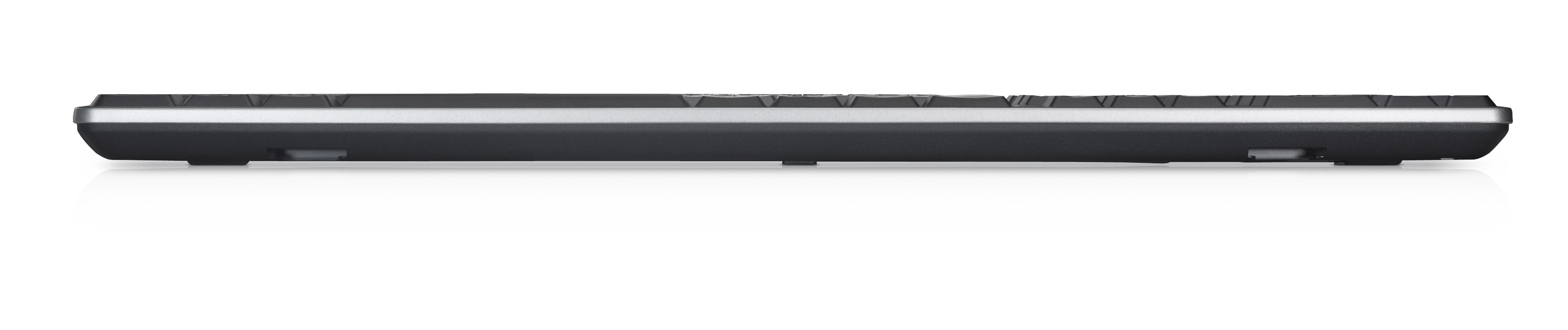 Top view of a black keyboard with a silver strip and gray feet.