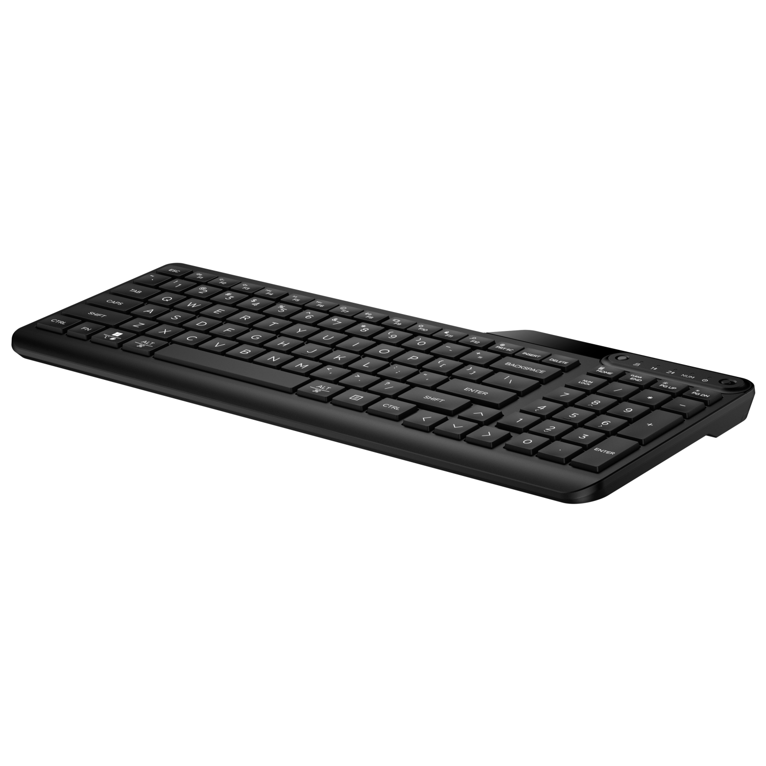 A black wireless keyboard with a numeric keypad is shown against a white background.