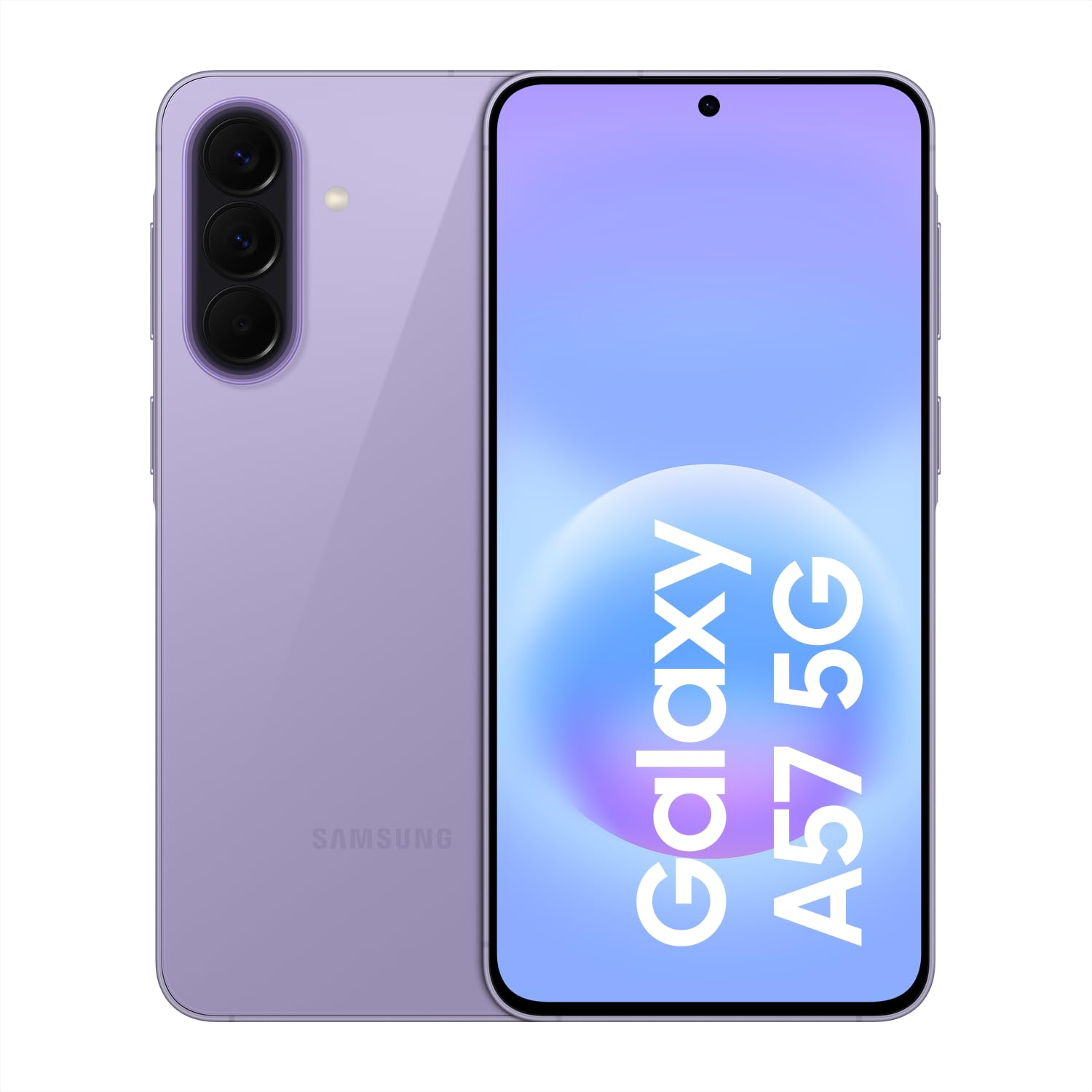 Lila Samsung Galaxy A57 5G Smartphone mit drei Kameras auf der Rückseite.